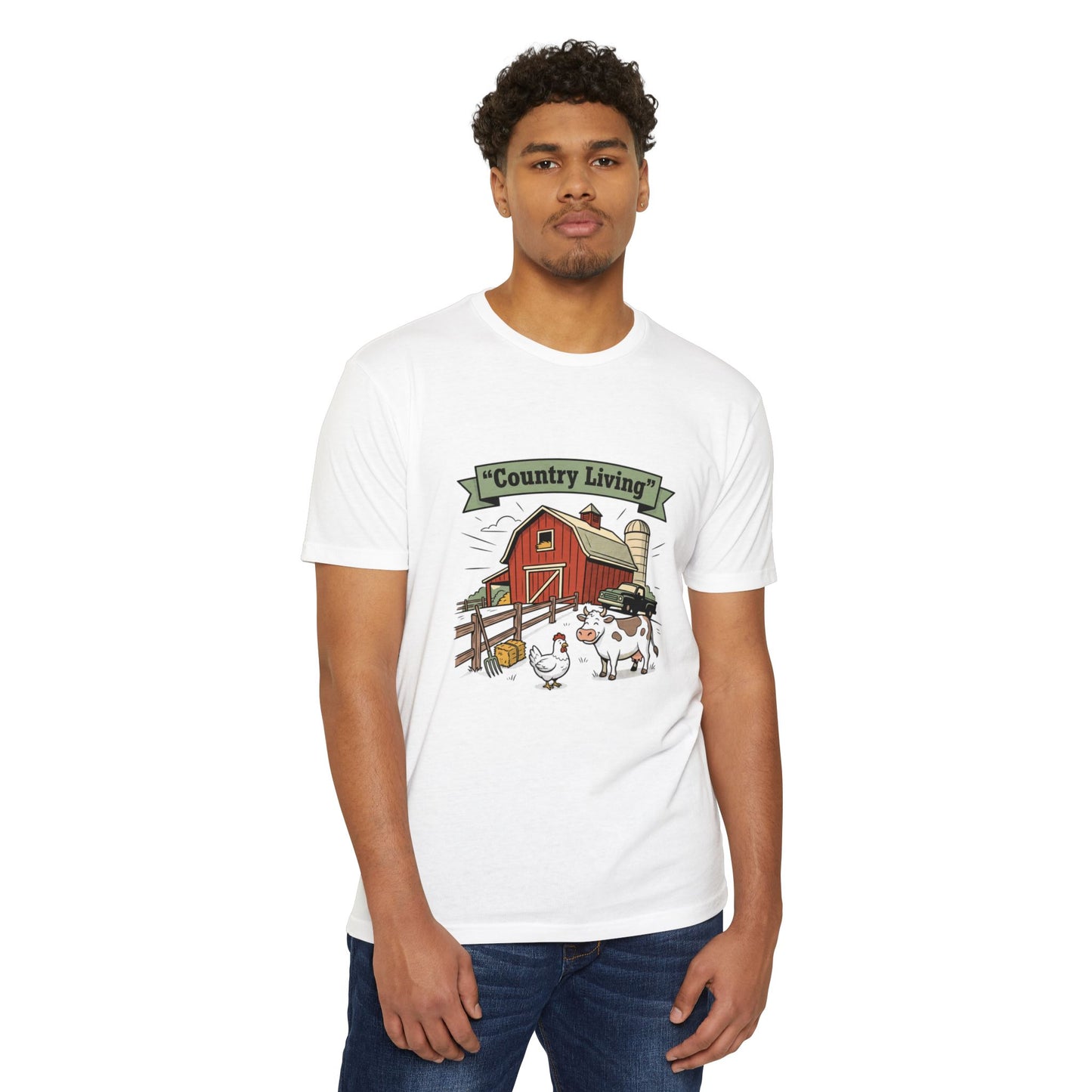 Country Living Farm T-Shirt — Rustic Barn, Cow & Chicken Graphic Tee