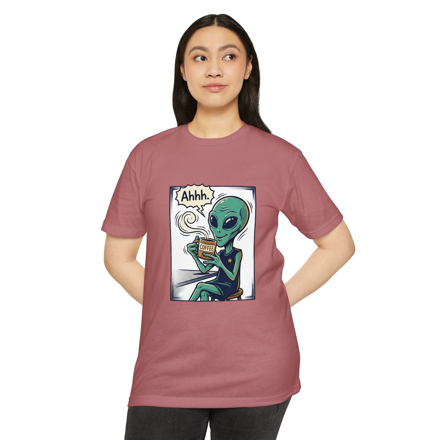 Alien Coffee T-Shirt — "Ahhh" Relaxed Alien Drinking Coffee Graphic Tee