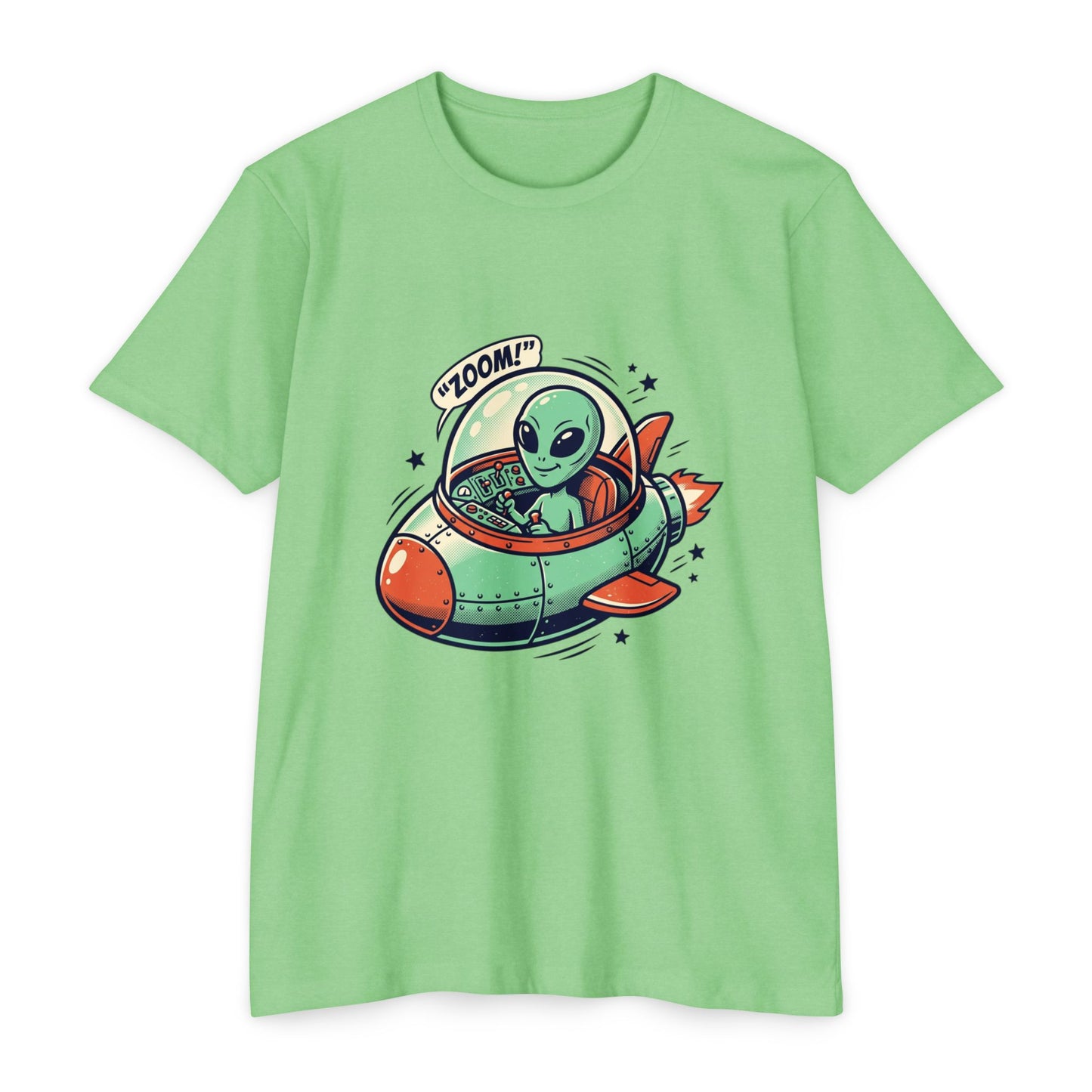 Alien Spaceship T-Shirt — Cute Green Alien Rocket 'Zoom!' Tee