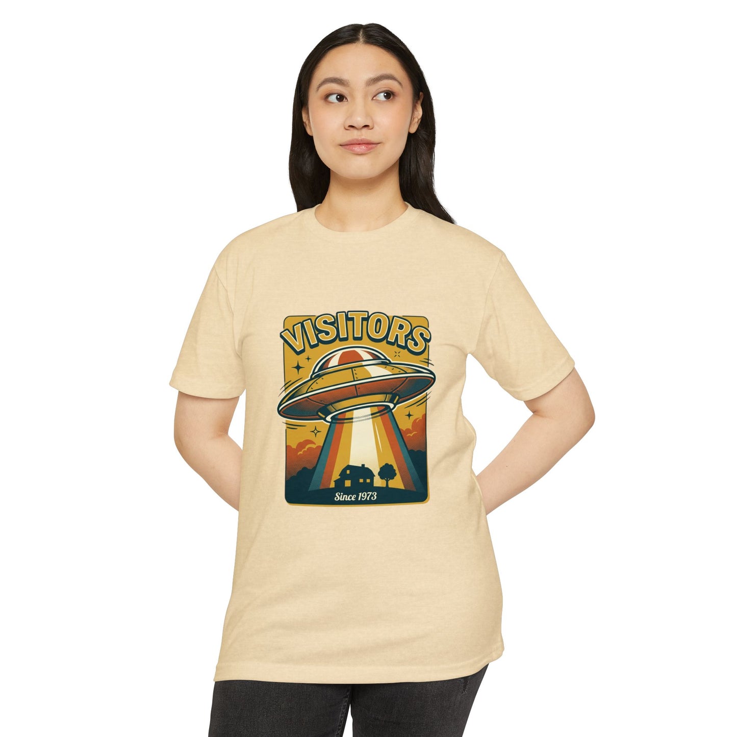 Visitors UFO Graphic T-Shirt — Retro Alien Abduction Design