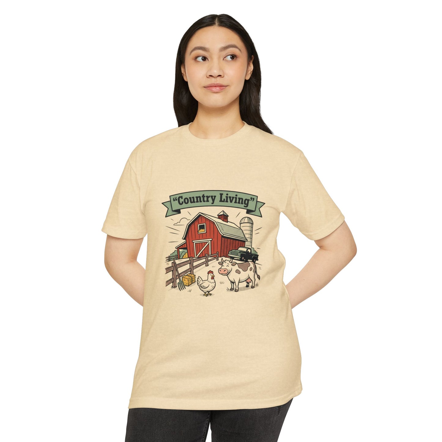 Country Living Farm T-Shirt — Rustic Barn, Cow & Chicken Graphic Tee