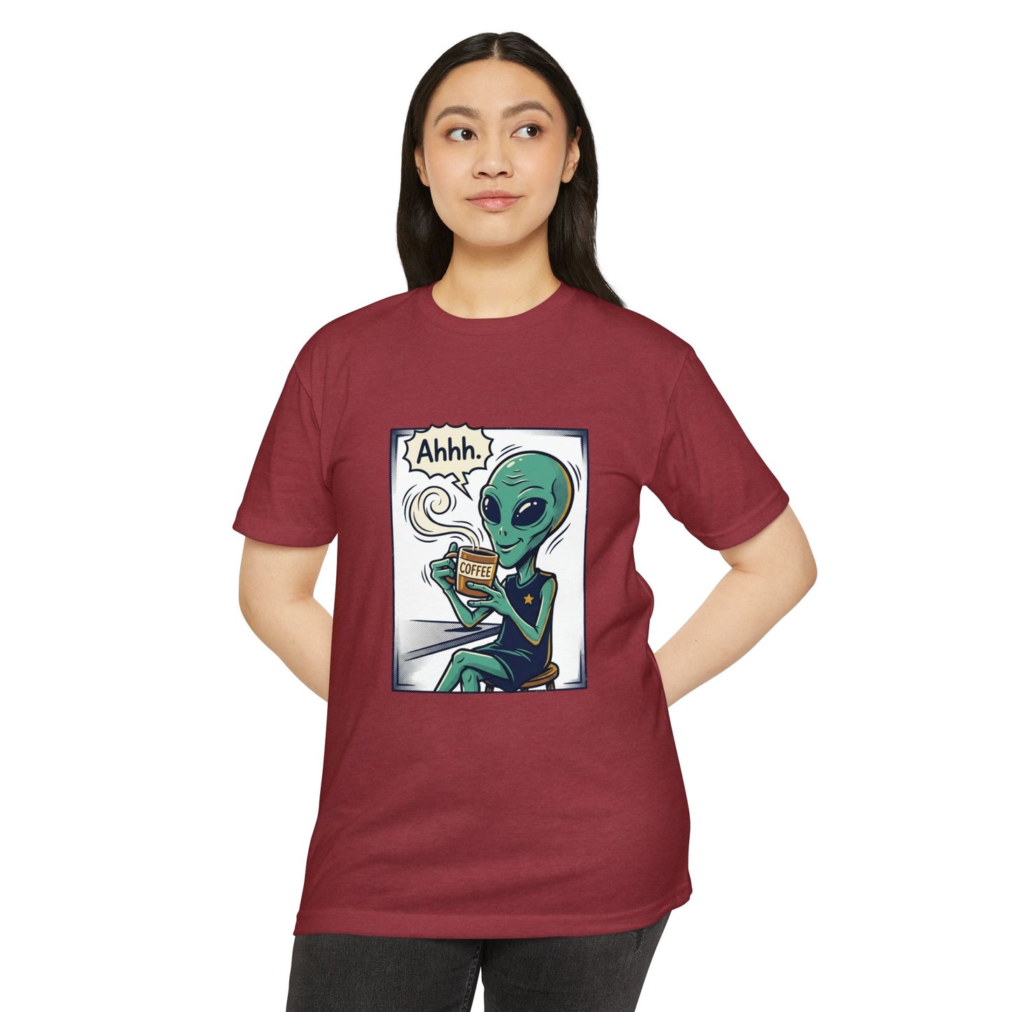 Alien Coffee T-Shirt — "Ahhh" Relaxed Alien Drinking Coffee Graphic Tee