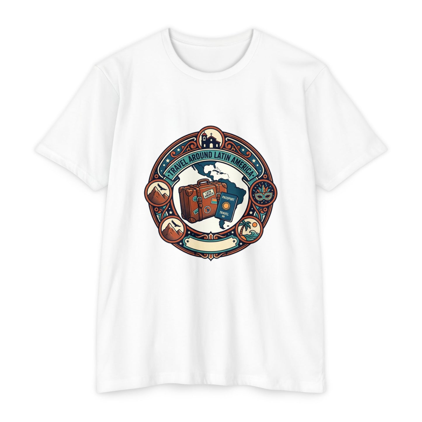 Travel Around Latin America T-Shirt — Vintage Suitcase & Adventure Badge