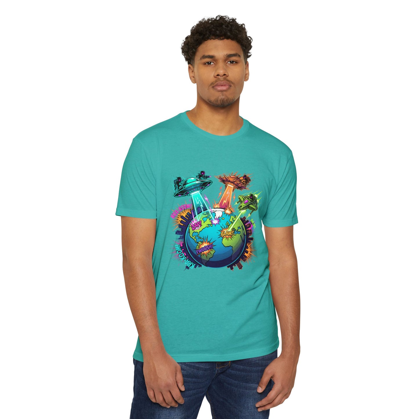 Alien Invasion Earth Graphic T-Shirt — UFOs Abducting Cities Art Tee