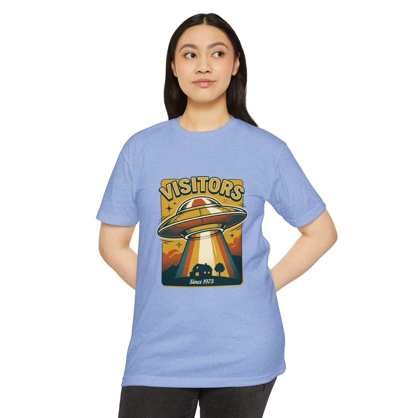 Visitors UFO Graphic T-Shirt — Retro Alien Abduction Design