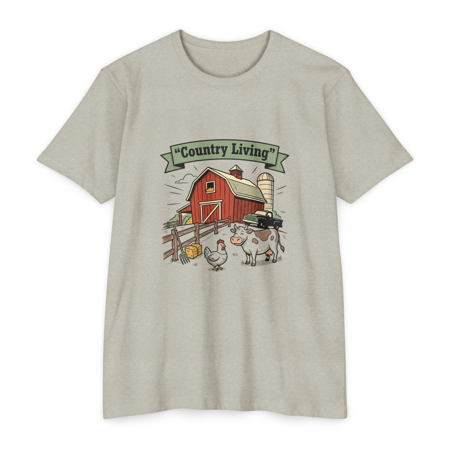 Country Living Farm T-Shirt — Rustic Barn, Cow & Chicken Graphic Tee