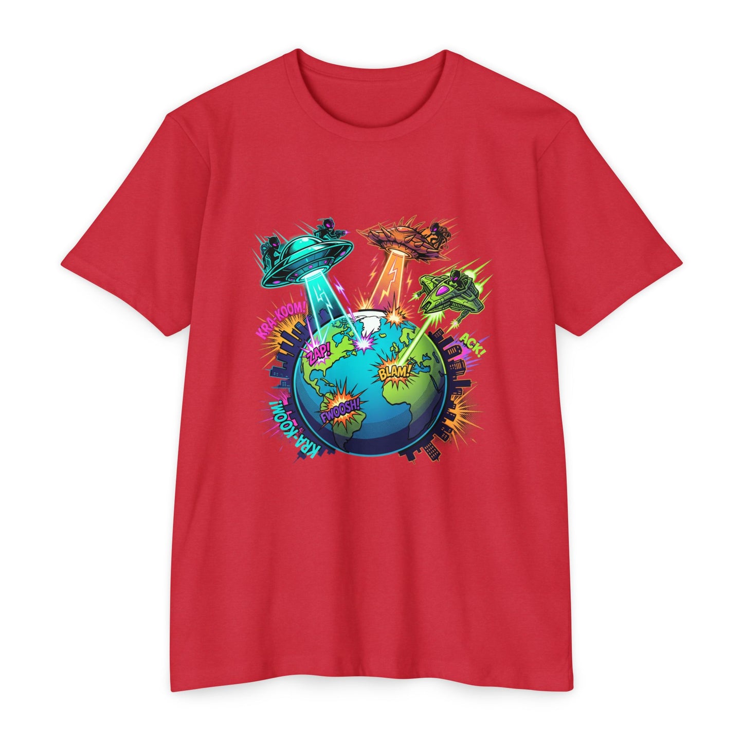 Alien Invasion Earth Graphic T-Shirt — UFOs Abducting Cities Art Tee