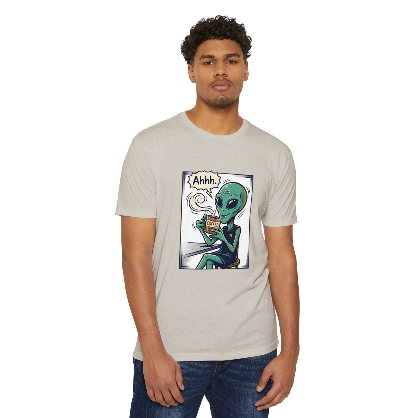Alien Coffee T-Shirt — "Ahhh" Relaxed Alien Drinking Coffee Graphic Tee