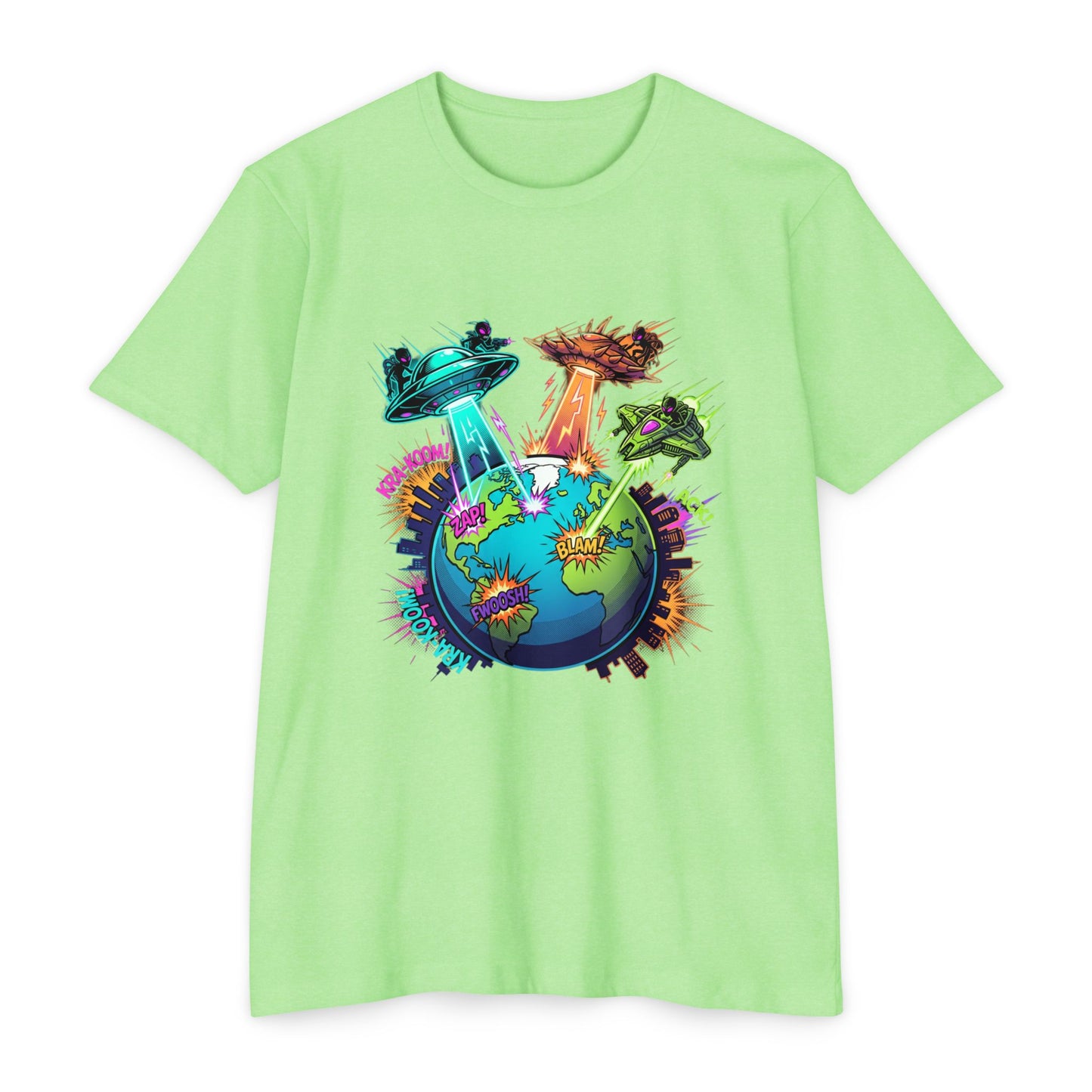 Alien Invasion Earth Graphic T-Shirt — UFOs Abducting Cities Art Tee
