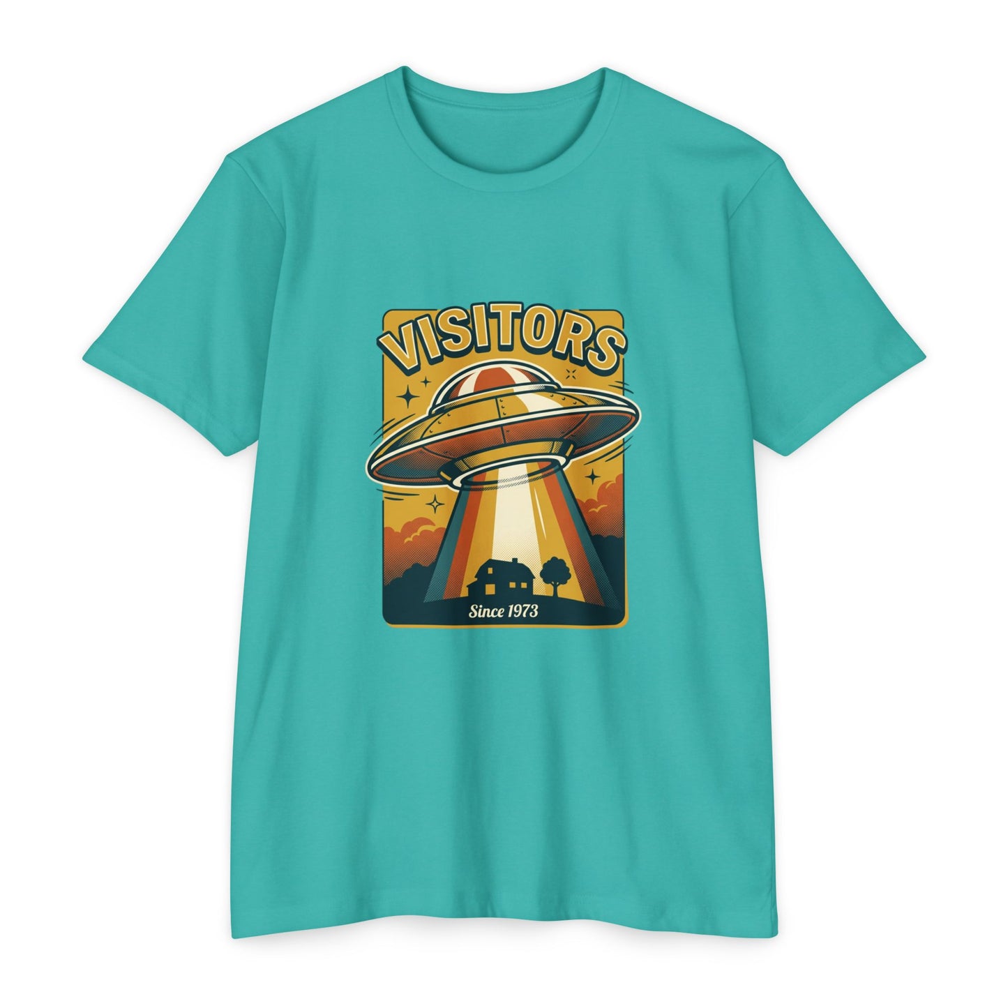 Visitors UFO Graphic T-Shirt — Retro Alien Abduction Design