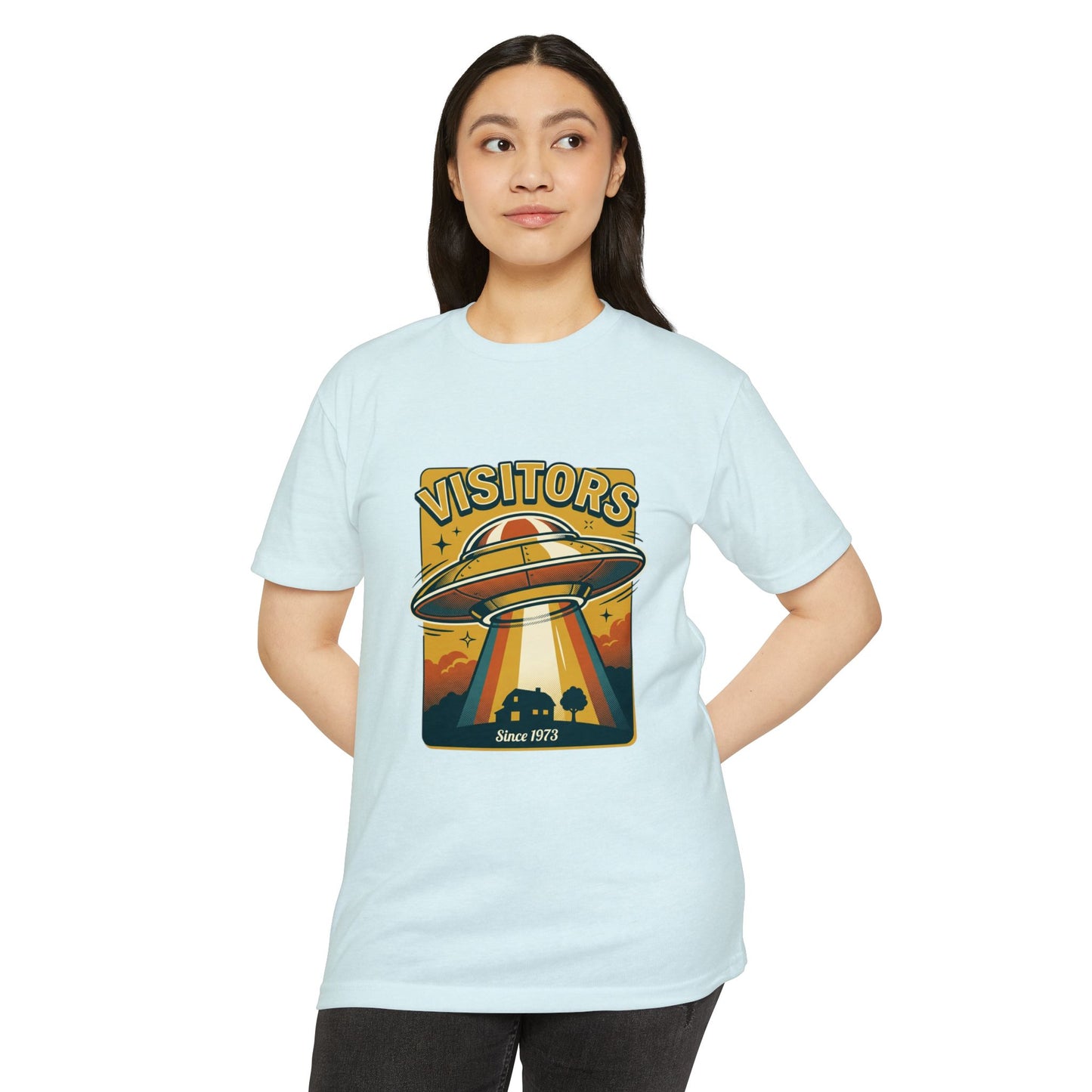 Visitors UFO Graphic T-Shirt — Retro Alien Abduction Design