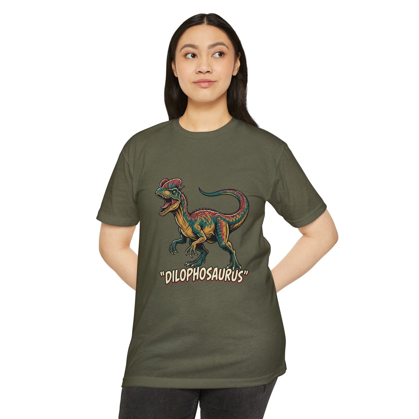 Dilophosaurus Dino T-Shirt — Retro Colorful Dinosaur Graphic Tee