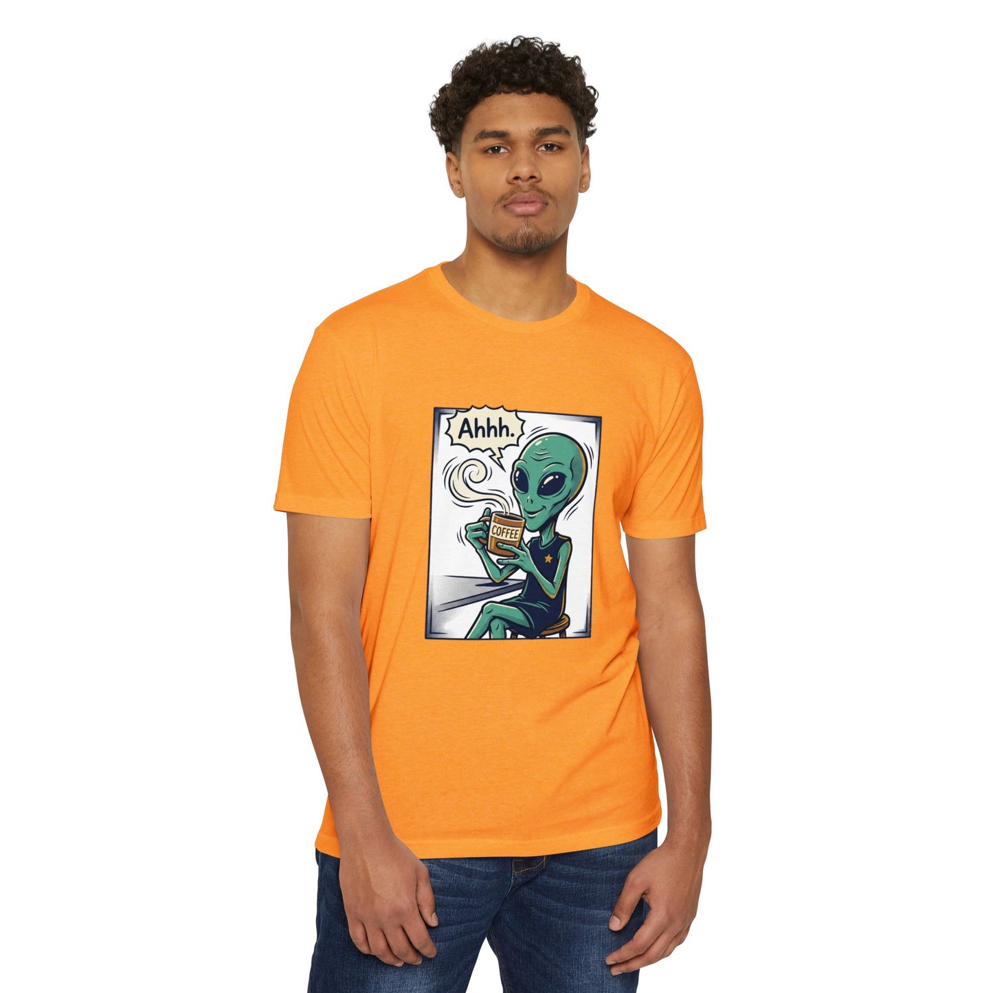 Alien Coffee T-Shirt — "Ahhh" Relaxed Alien Drinking Coffee Graphic Tee