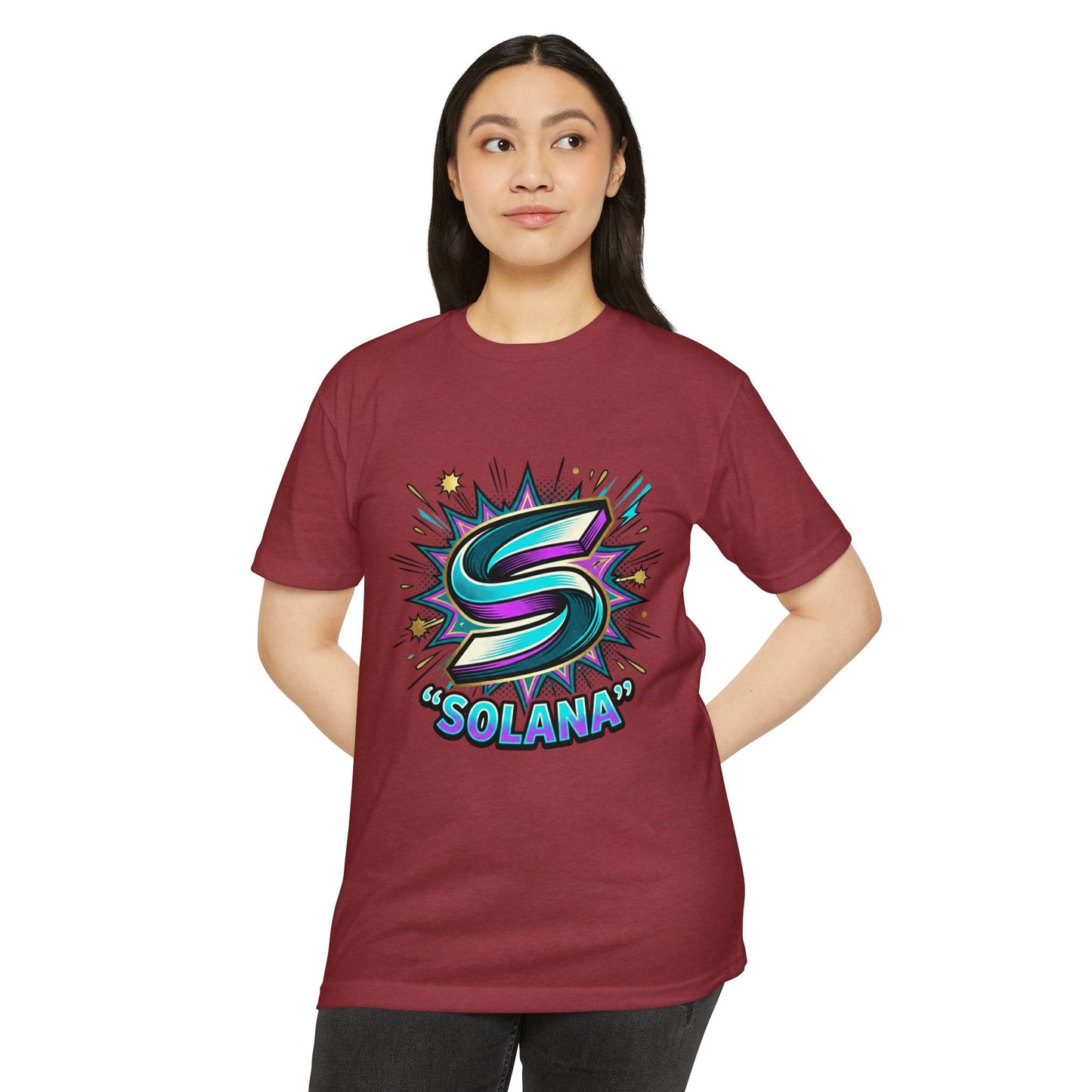 Camiseta com o logotipo Solana Comic — Camiseta Cripto Retrô Gamer