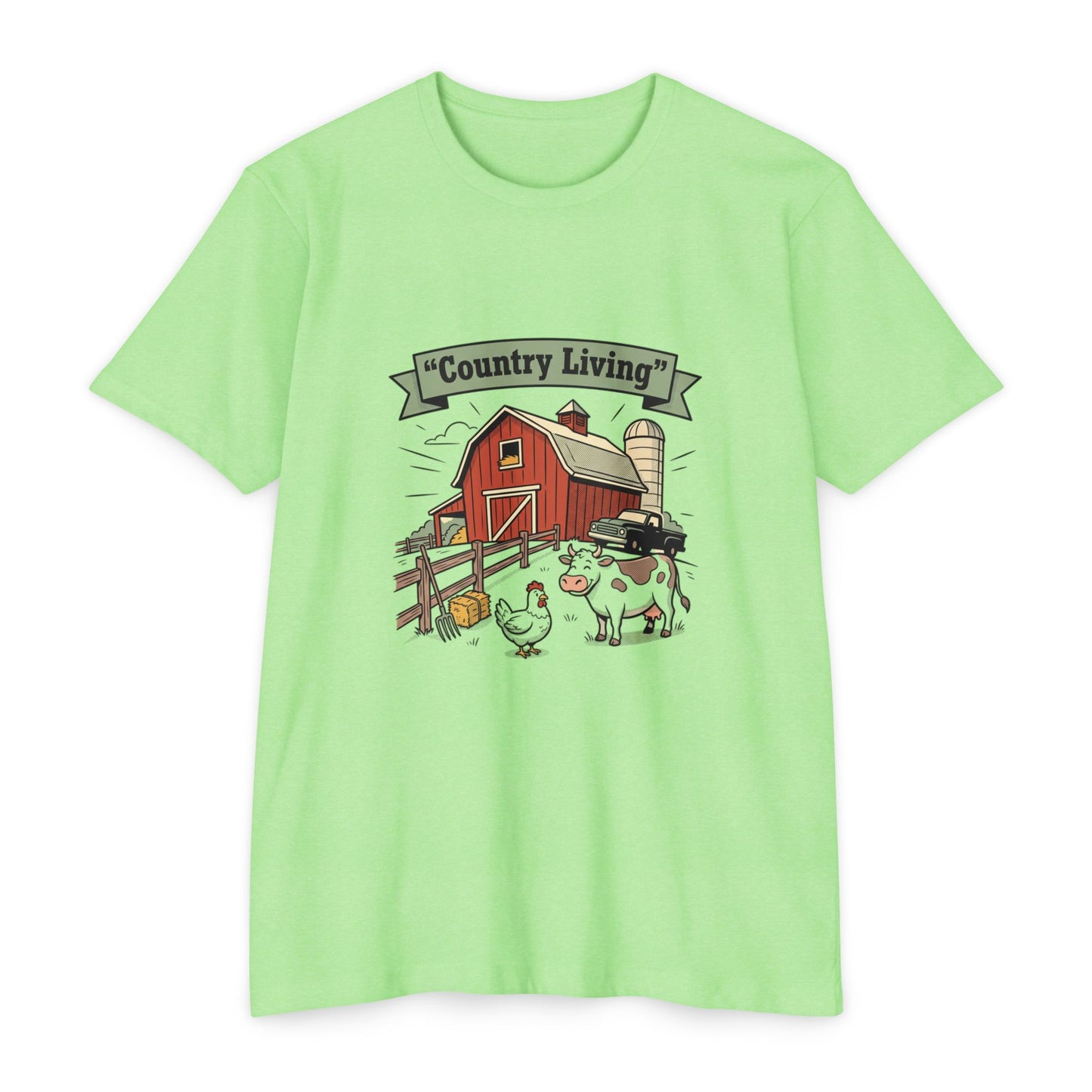 Country Living Farm T-Shirt — Rustic Barn, Cow & Chicken Graphic Tee