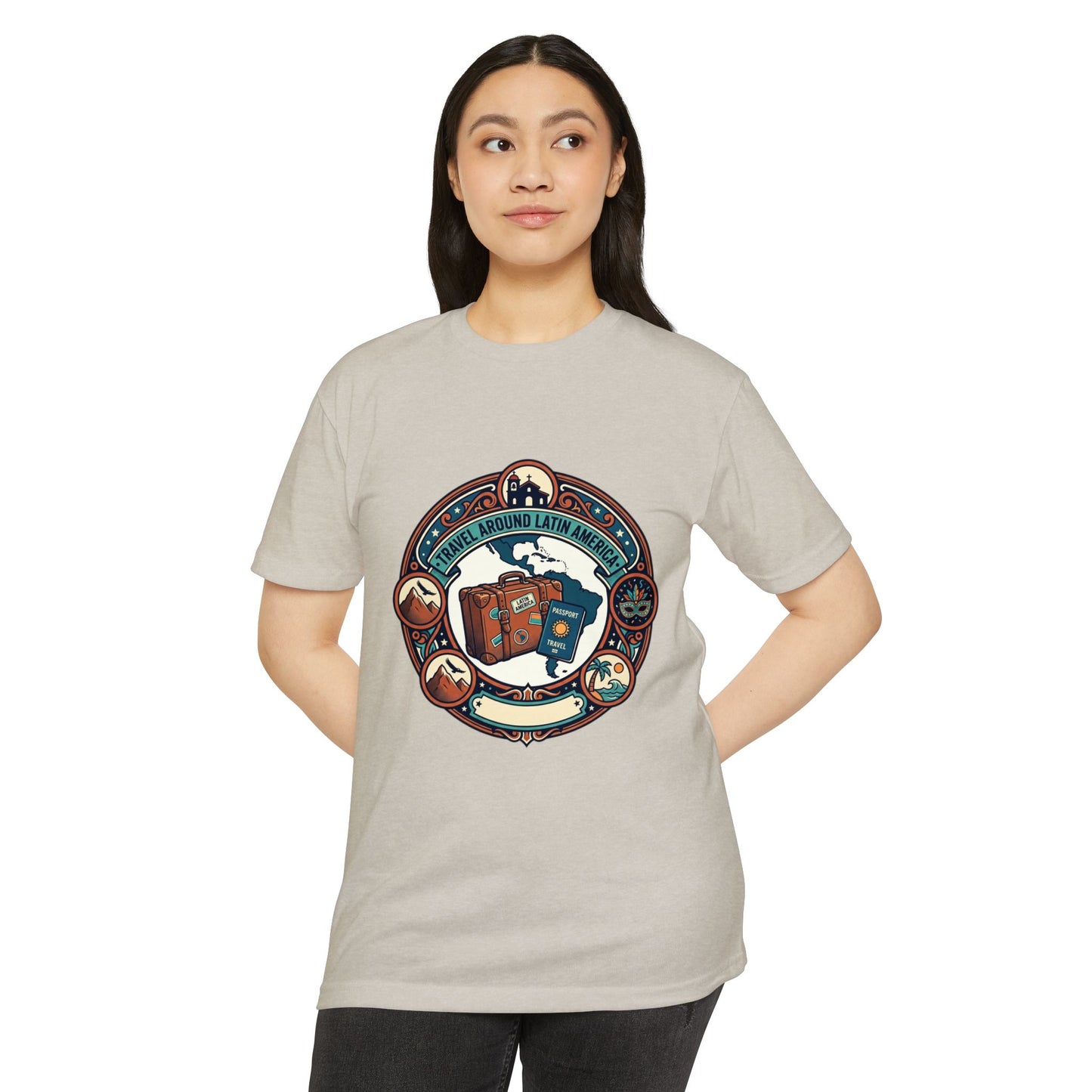 Travel Around Latin America T-Shirt — Vintage Suitcase & Adventure Badge