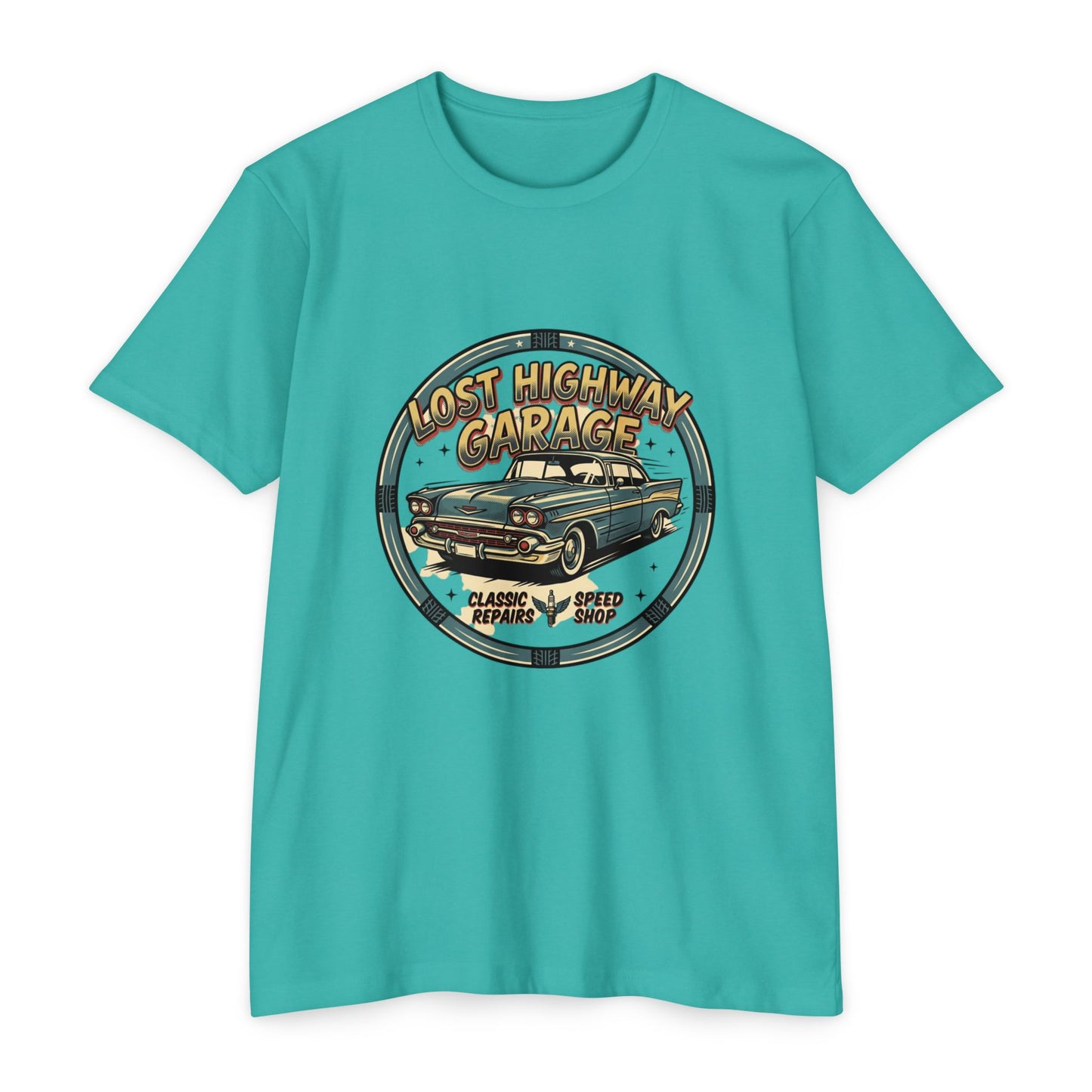 Lost Highway Garage Vintage Car T-Shirt — Classic Auto Emblem Tee