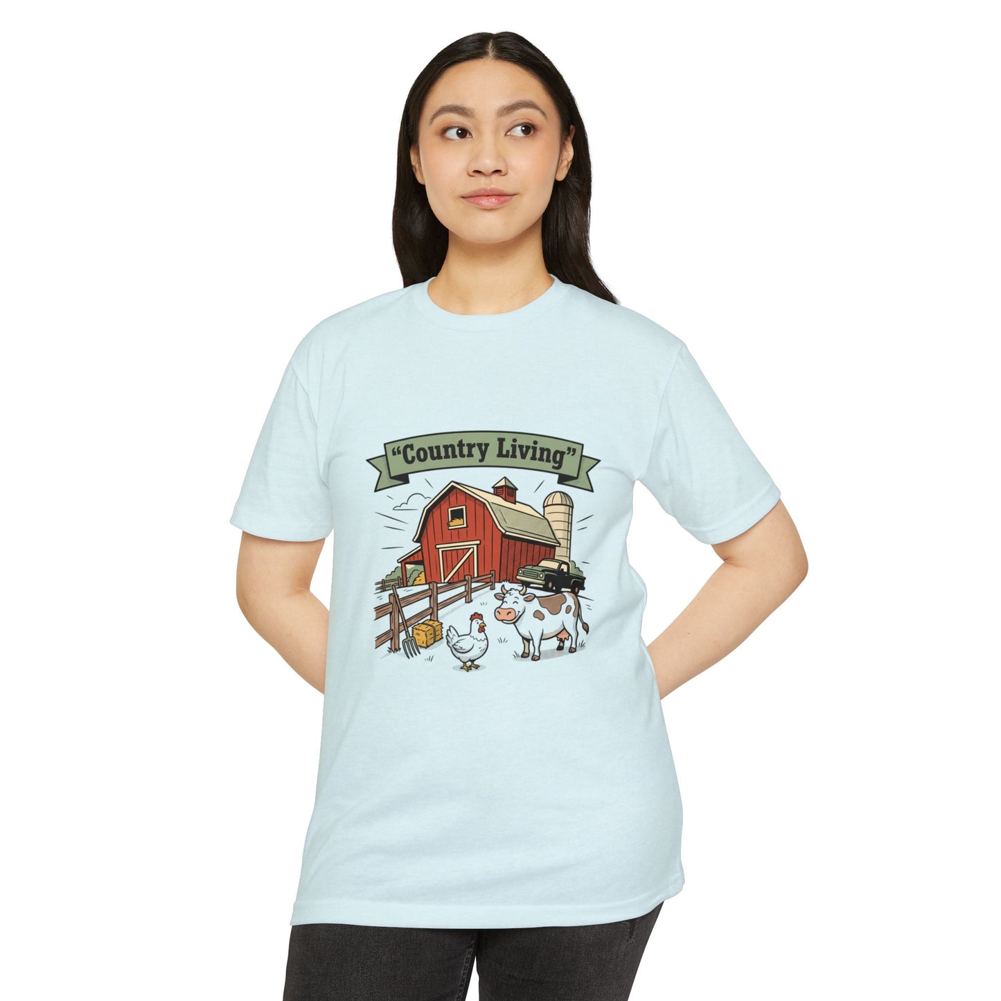 Country Living Farm T-Shirt — Rustic Barn, Cow & Chicken Graphic Tee
