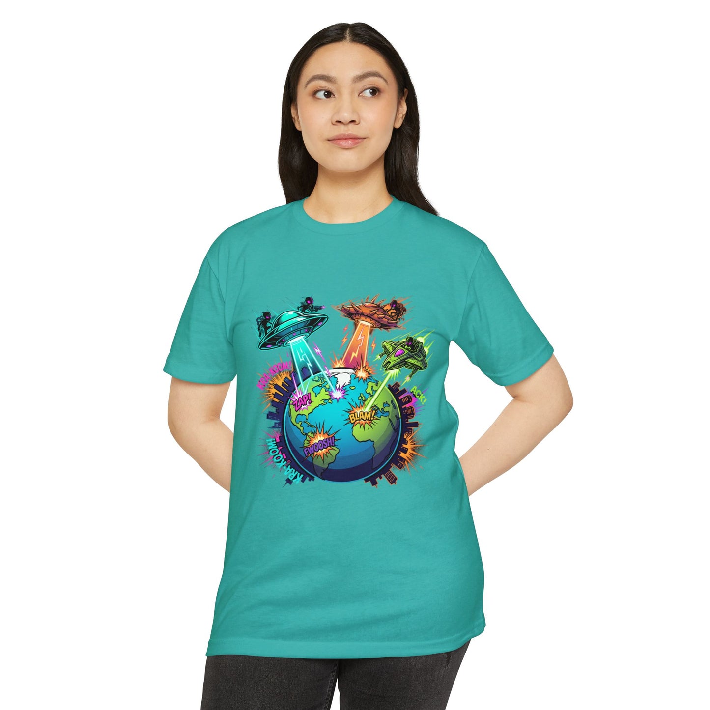 Alien Invasion Earth Graphic T-Shirt — UFOs Abducting Cities Art Tee