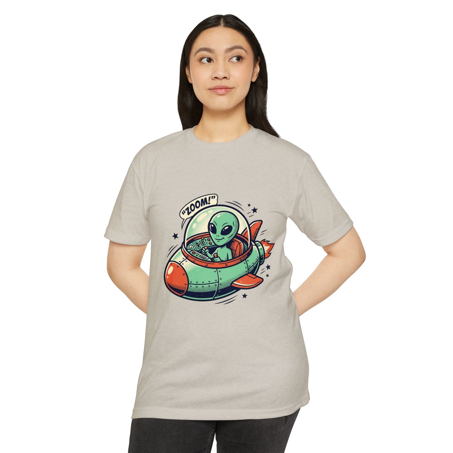 Alien Spaceship T-Shirt — Cute Green Alien Rocket 'Zoom!' Tee