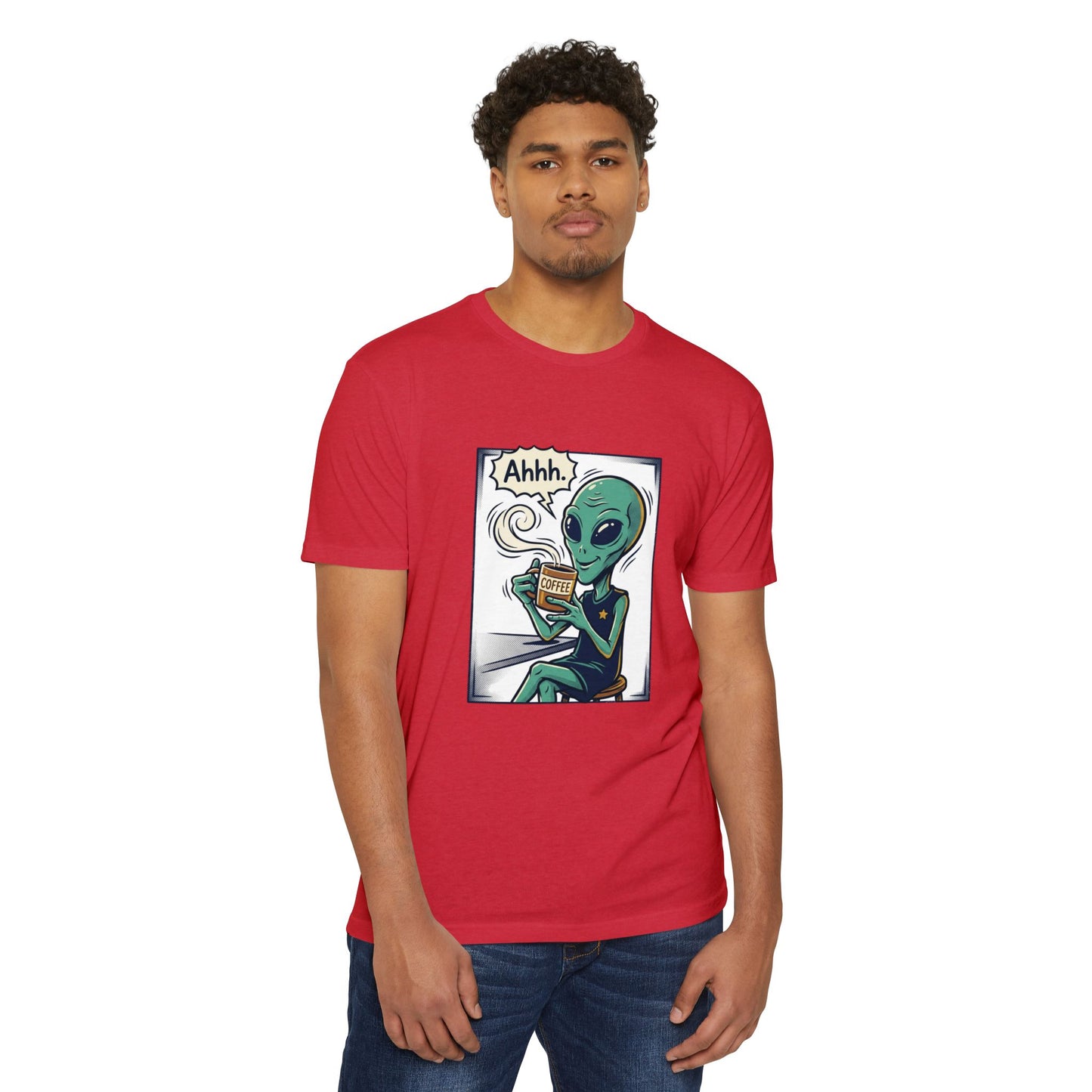 Alien Coffee T-Shirt — "Ahhh" Relaxed Alien Drinking Coffee Graphic Tee