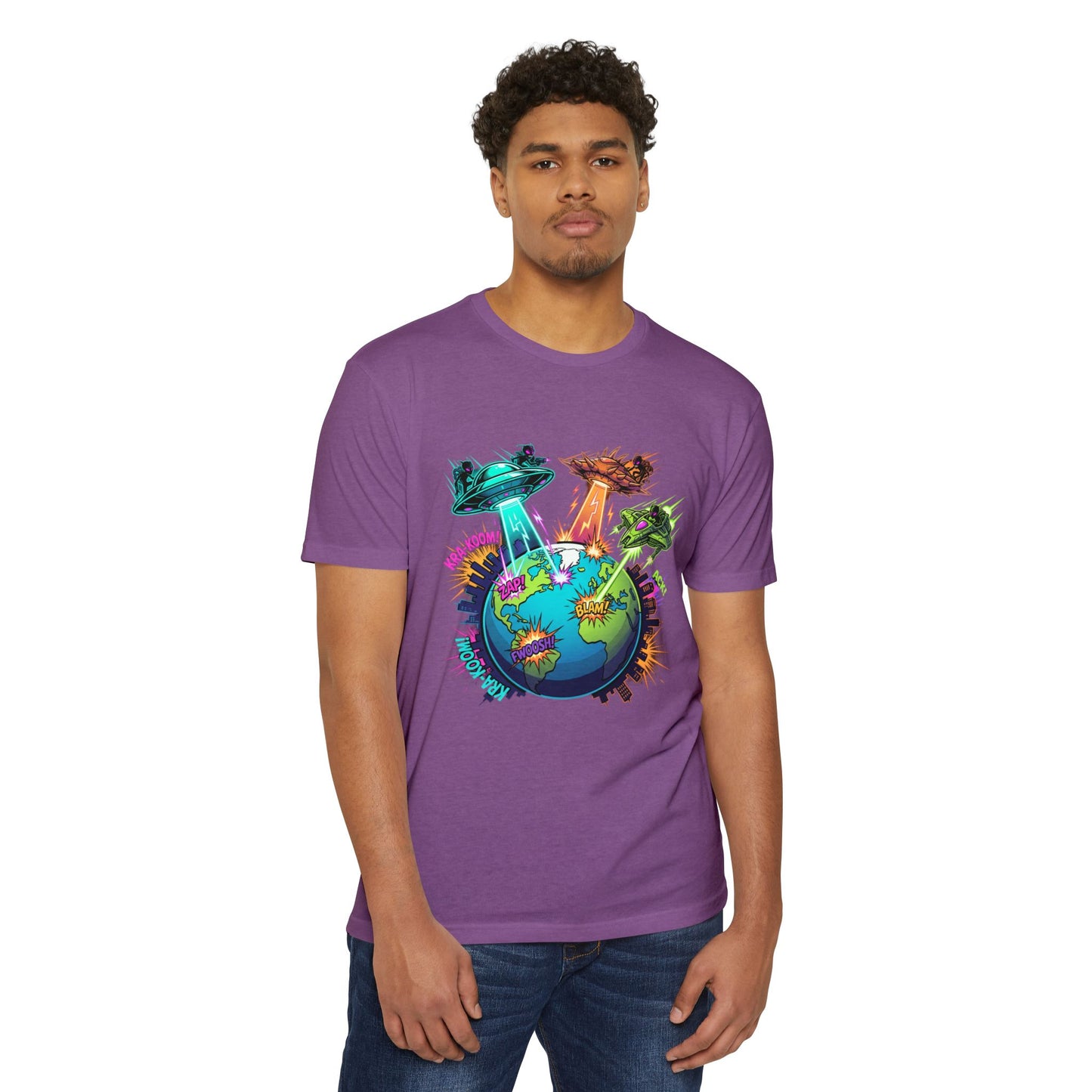 Alien Invasion Earth Graphic T-Shirt — UFOs Abducting Cities Art Tee