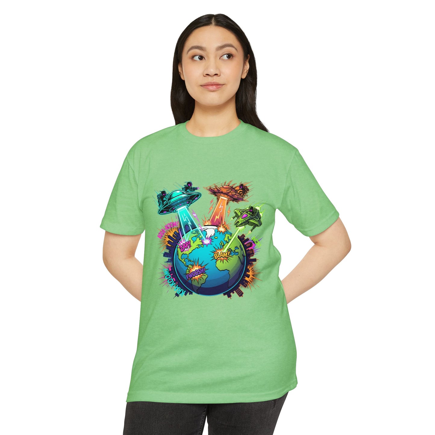 Alien Invasion Earth Graphic T-Shirt — UFOs Abducting Cities Art Tee