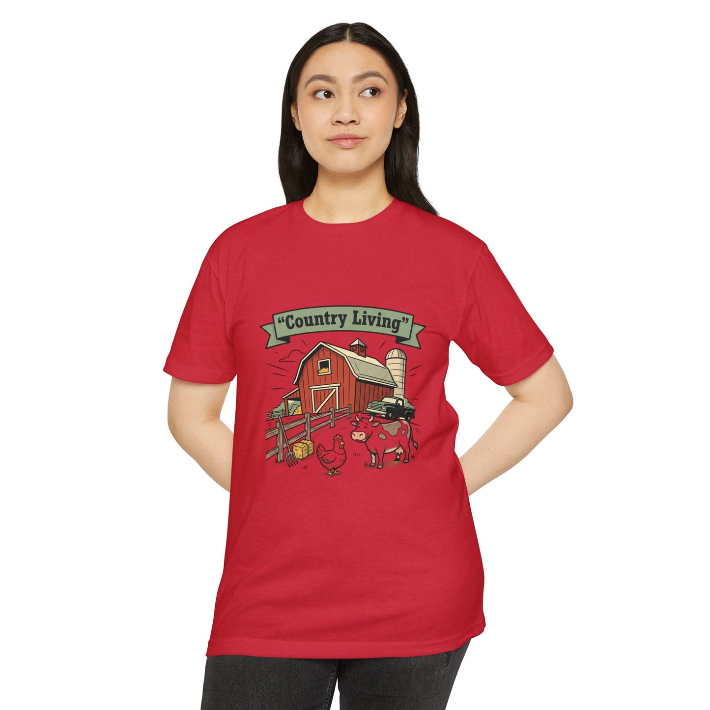 Country Living Farm T-Shirt — Rustic Barn, Cow & Chicken Graphic Tee