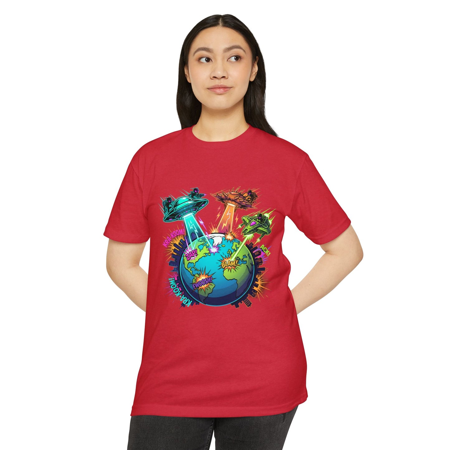 Alien Invasion Earth Graphic T-Shirt — UFOs Abducting Cities Art Tee