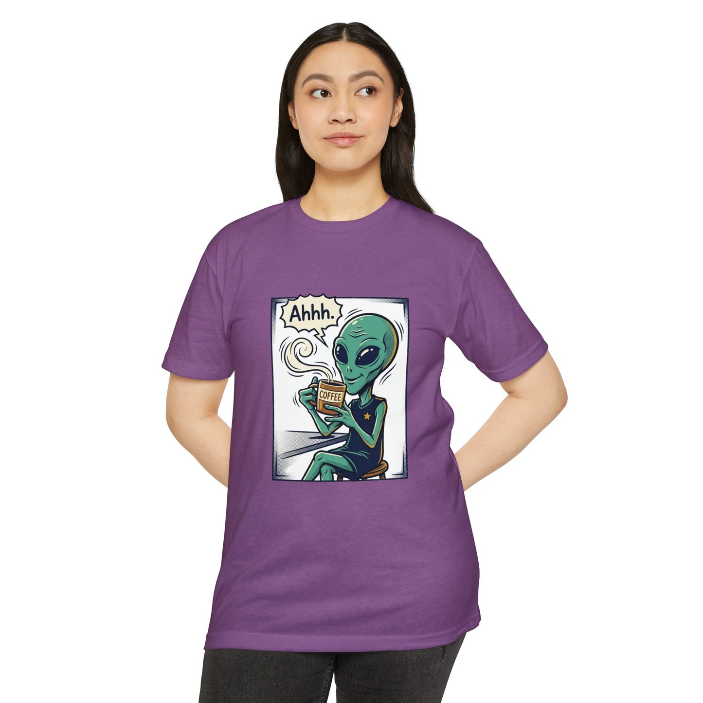 Alien Coffee T-Shirt — "Ahhh" Relaxed Alien Drinking Coffee Graphic Tee