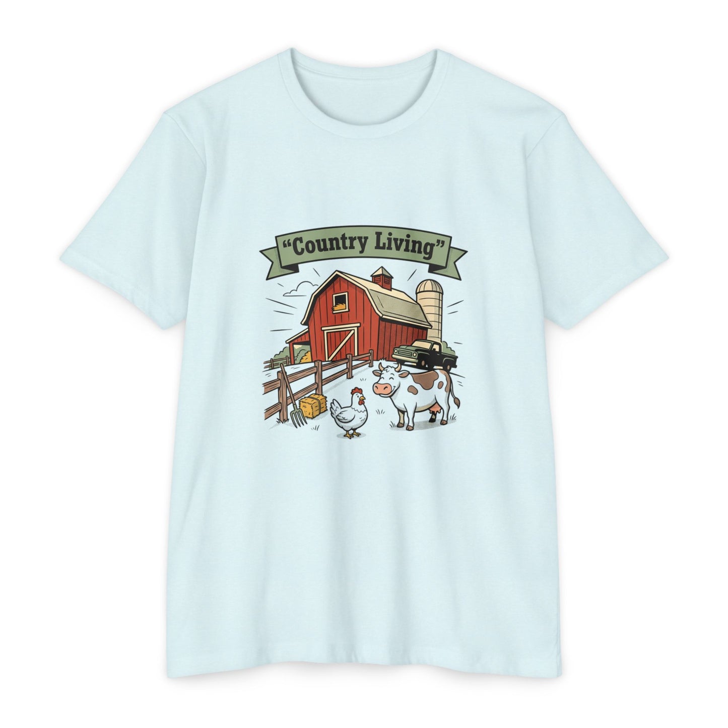 Country Living Farm T-Shirt — Rustic Barn, Cow & Chicken Graphic Tee