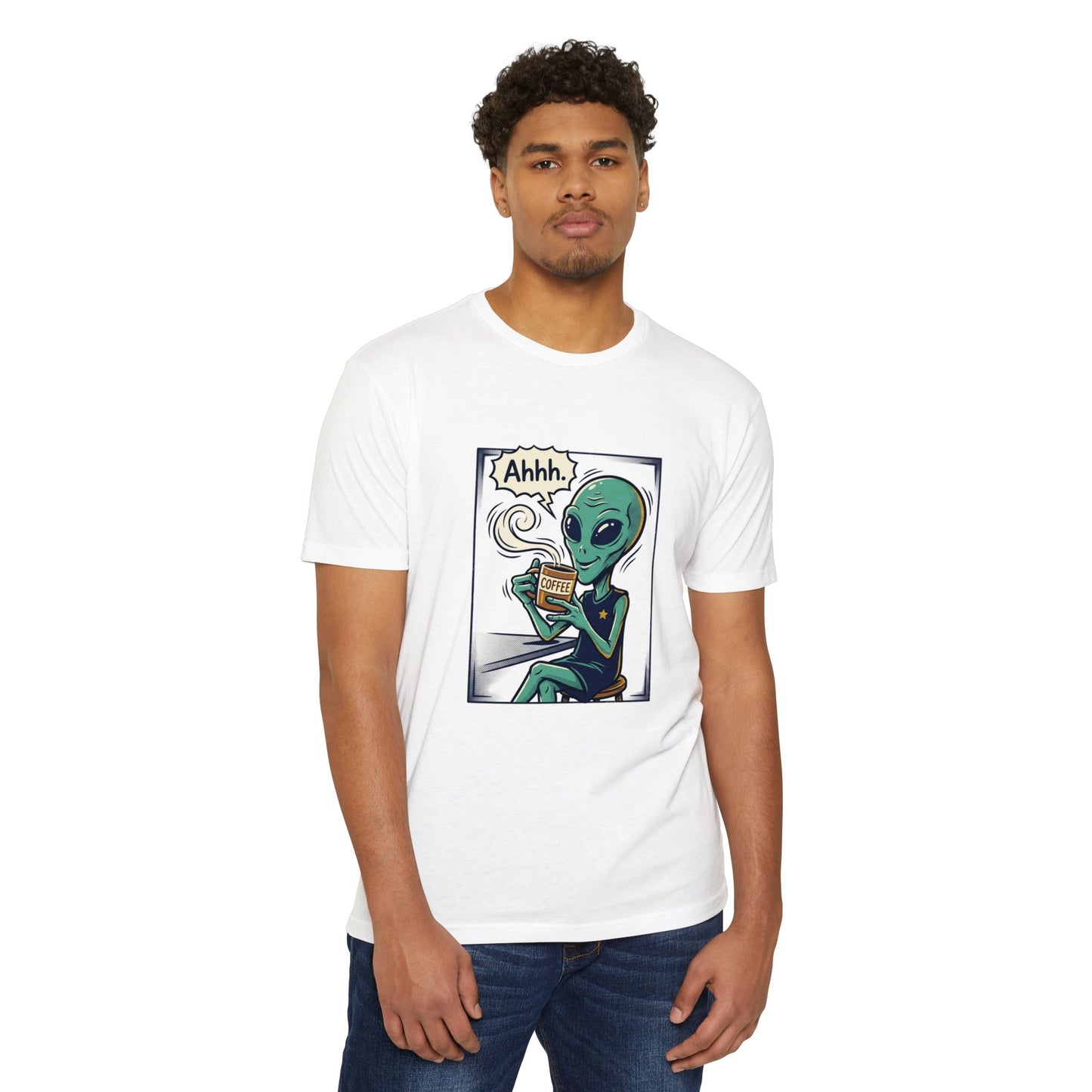 Alien Coffee T-Shirt — "Ahhh" Relaxed Alien Drinking Coffee Graphic Tee