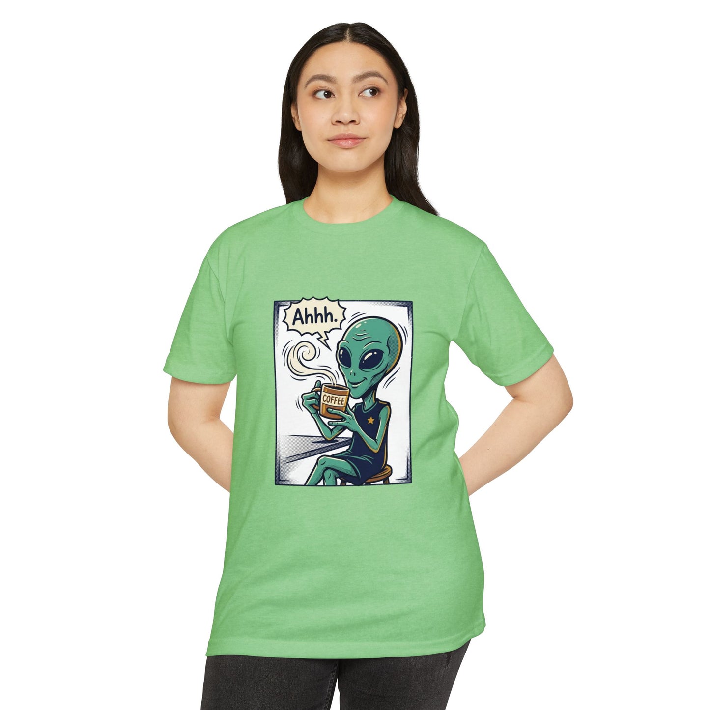Alien Coffee T-Shirt — "Ahhh" Relaxed Alien Drinking Coffee Graphic Tee