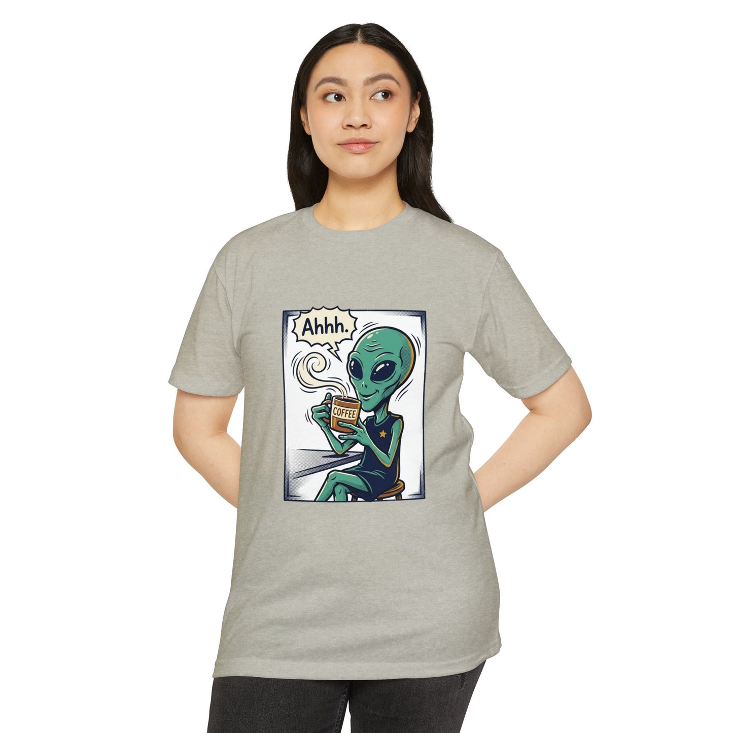 Alien Coffee T-Shirt — "Ahhh" Relaxed Alien Drinking Coffee Graphic Tee