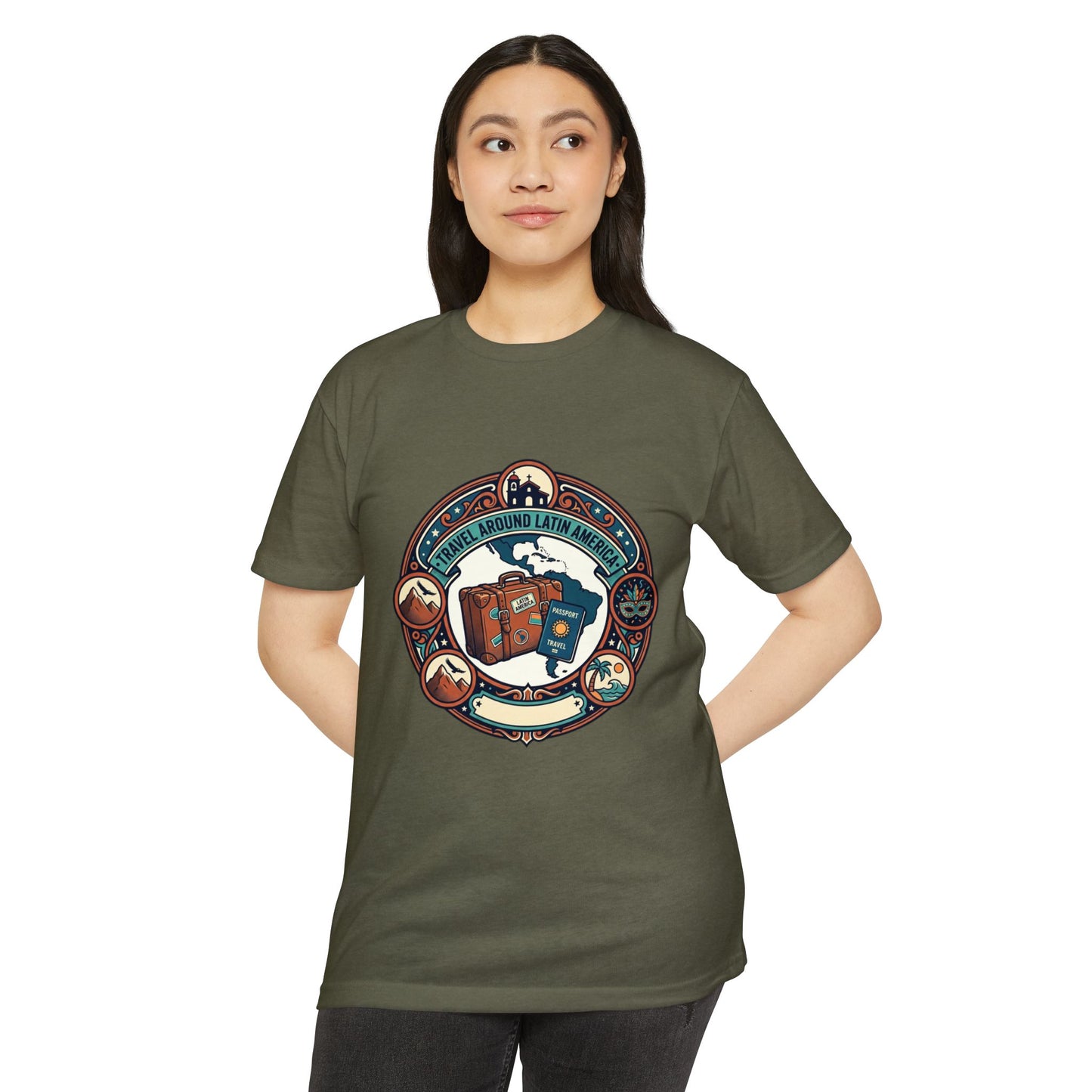 Travel Around Latin America T-Shirt — Vintage Suitcase & Adventure Badge
