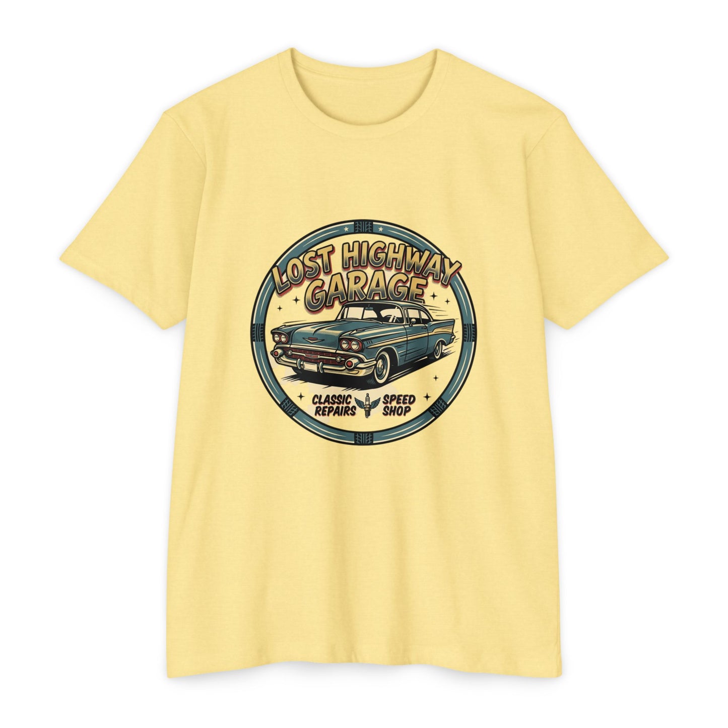 Lost Highway Garage Vintage Car T-Shirt — Classic Auto Emblem Tee