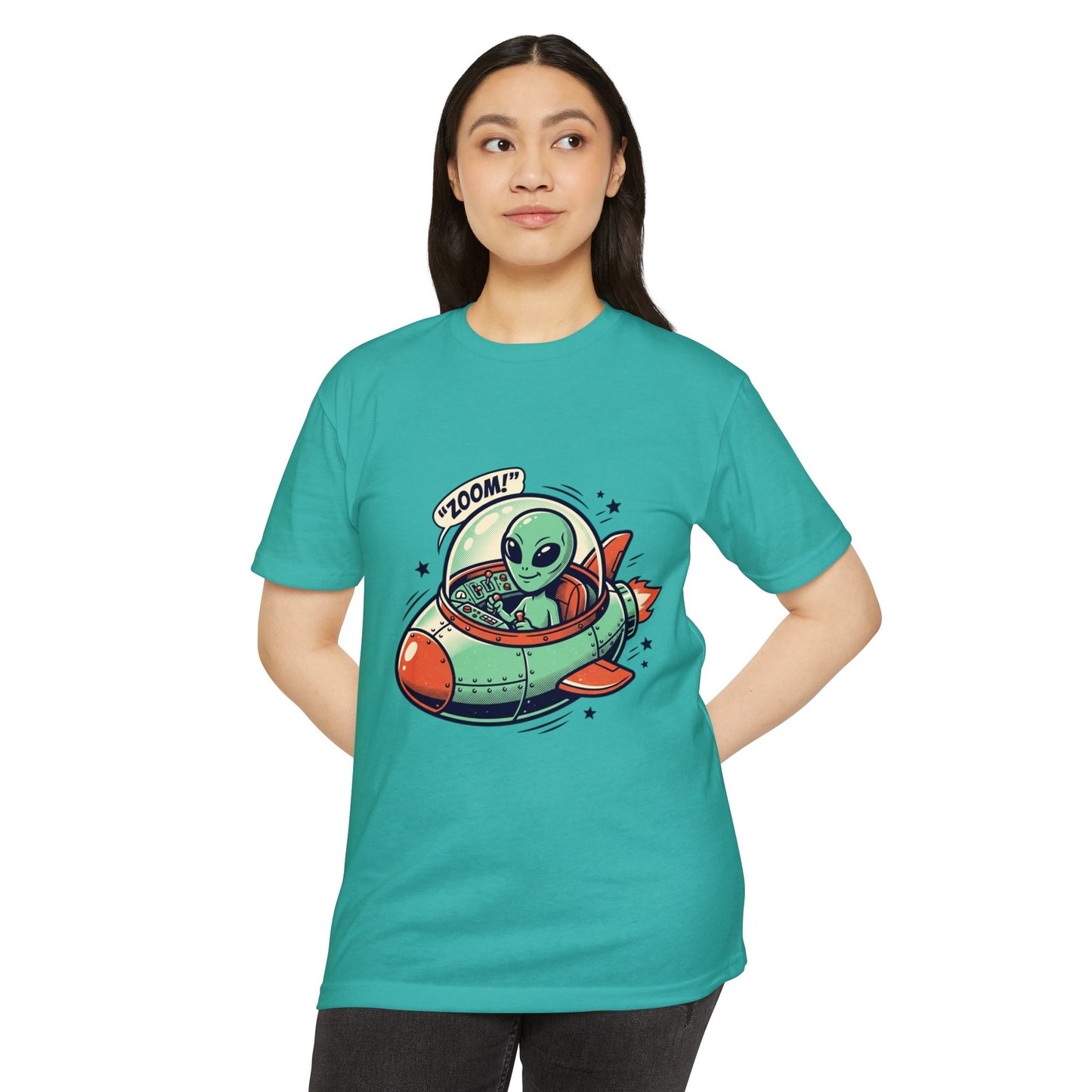 Alien Spaceship T-Shirt — Cute Green Alien Rocket 'Zoom!' Tee