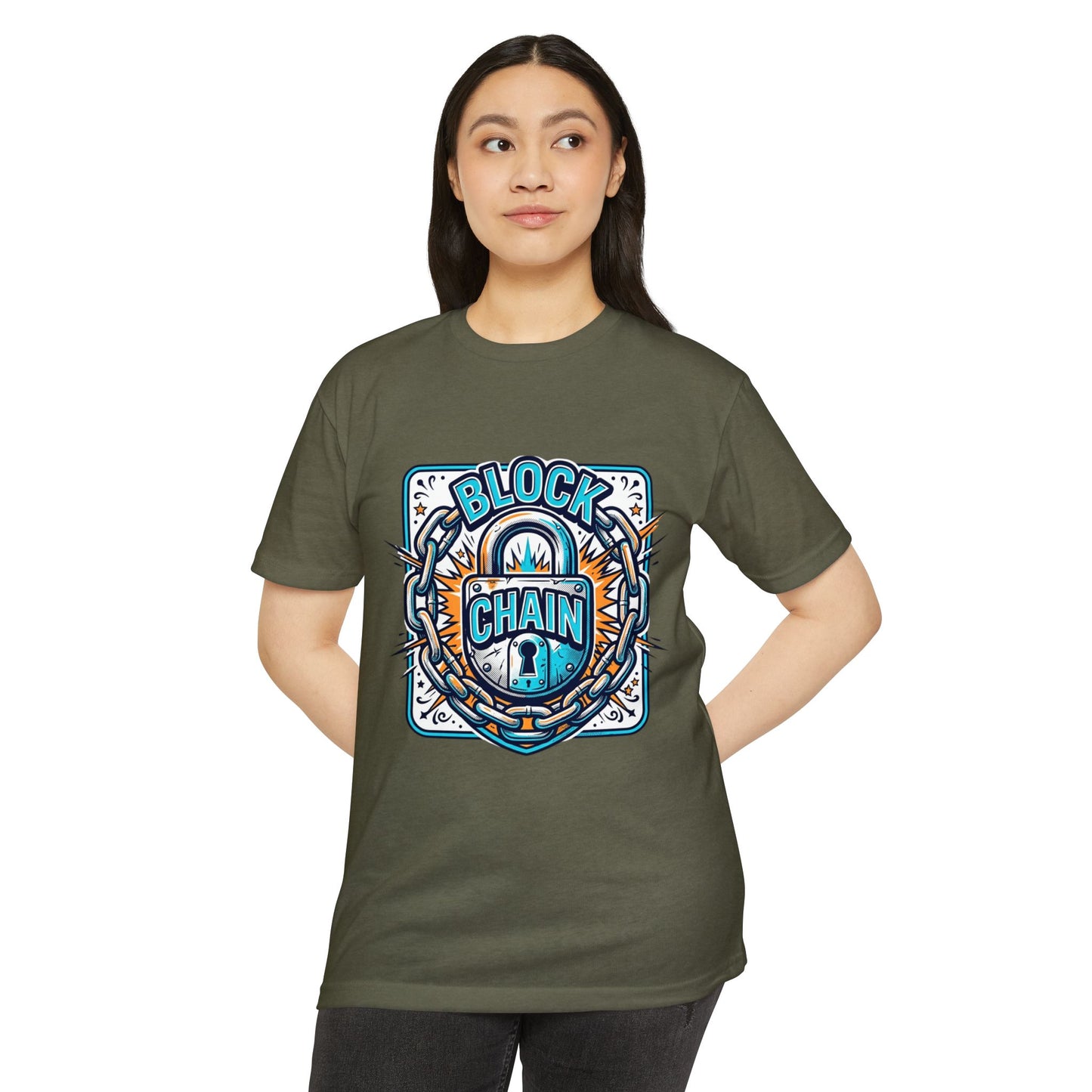 Camiseta Blockchain Shield — Camiseta retro con gráfico de candado y cadena de criptomonedas