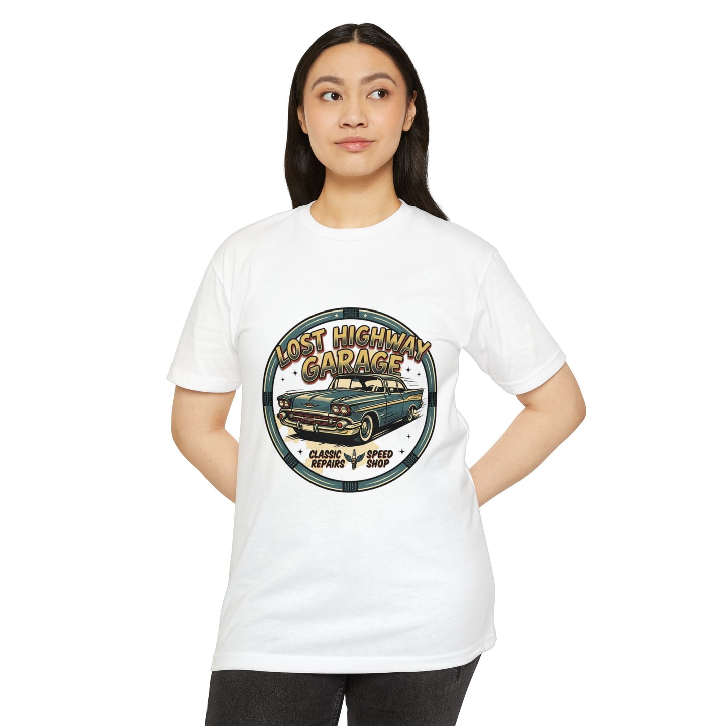 Lost Highway Garage Vintage Car T-Shirt — Classic Auto Emblem Tee