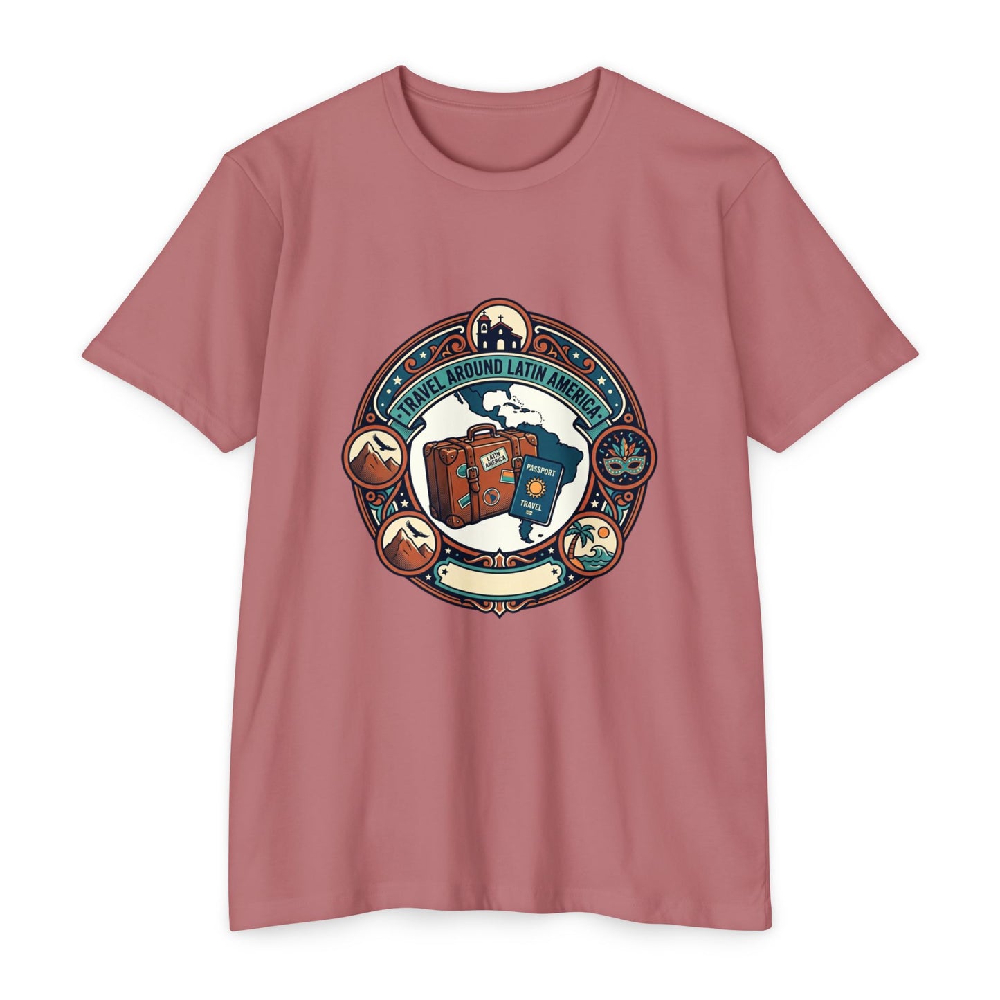 Travel Around Latin America T-Shirt — Vintage Suitcase & Adventure Badge