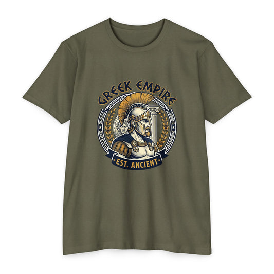 Greek Empire T-Shirt – 'Est. Ancient' Spartan Helmet Graphic