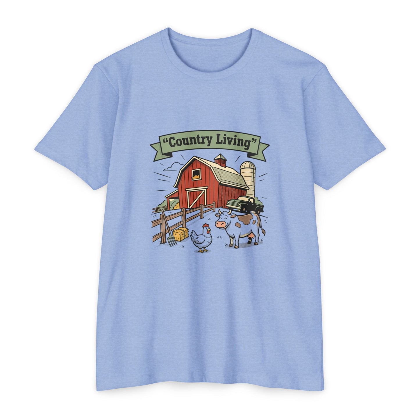 Country Living Farm T-Shirt — Rustic Barn, Cow & Chicken Graphic Tee