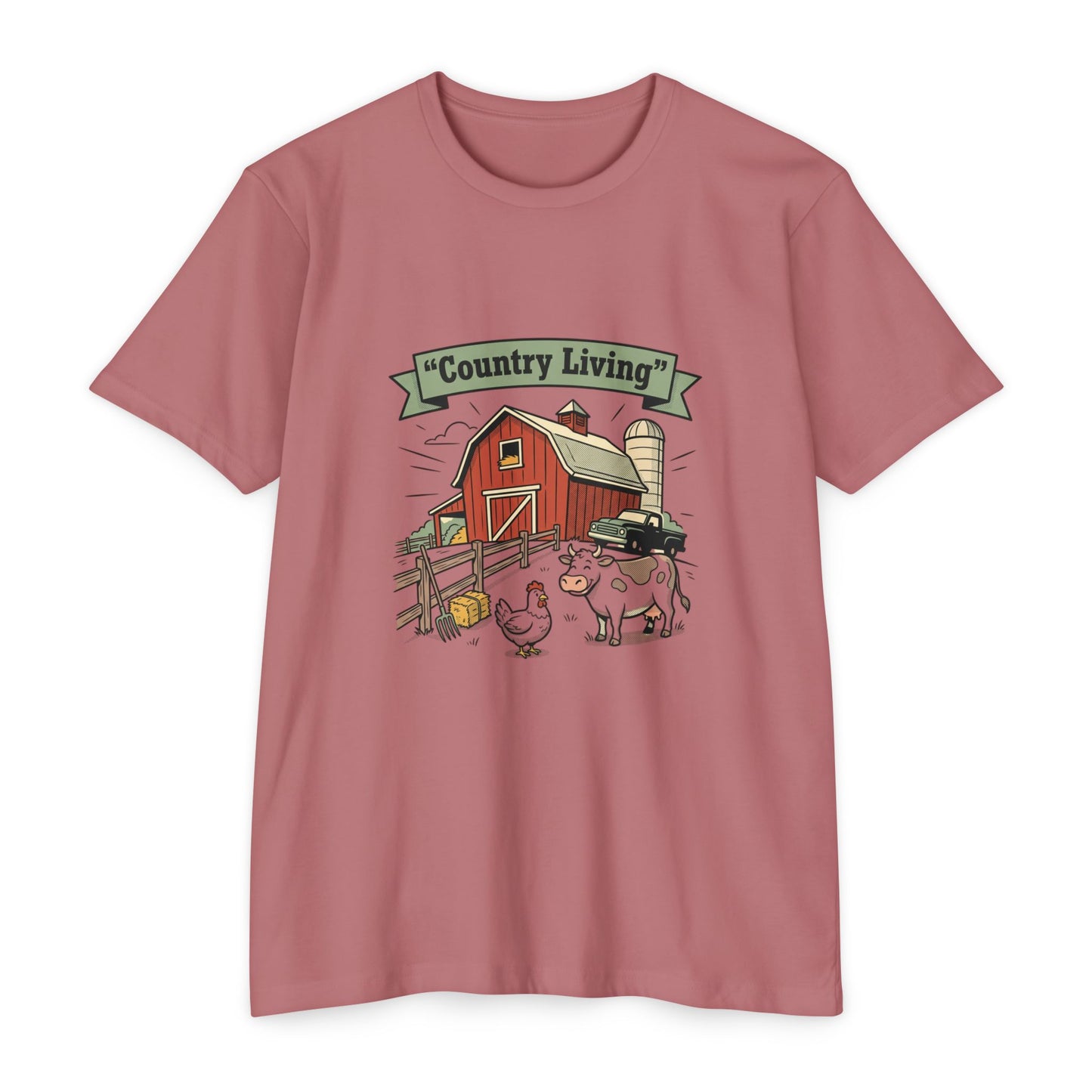 Country Living Farm T-Shirt — Rustic Barn, Cow & Chicken Graphic Tee