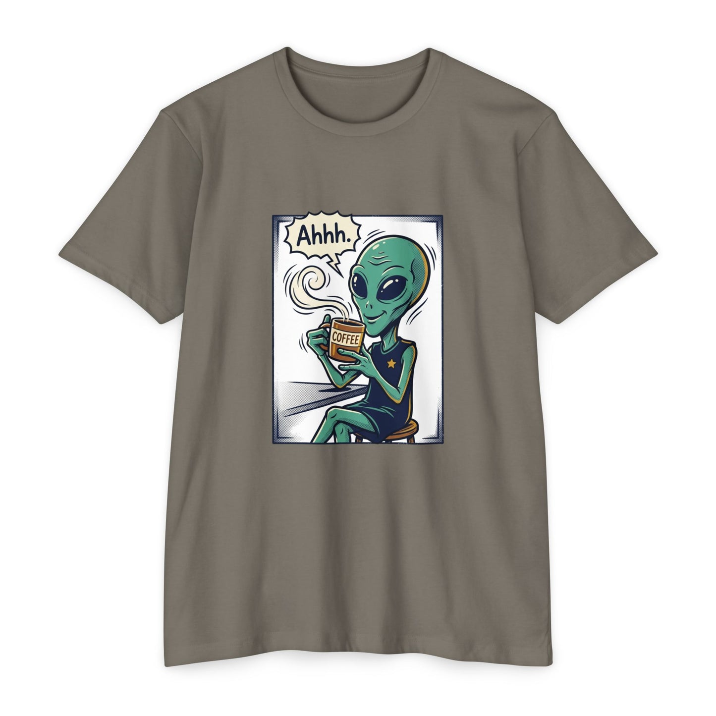 Alien Coffee T-Shirt — "Ahhh" Relaxed Alien Drinking Coffee Graphic Tee