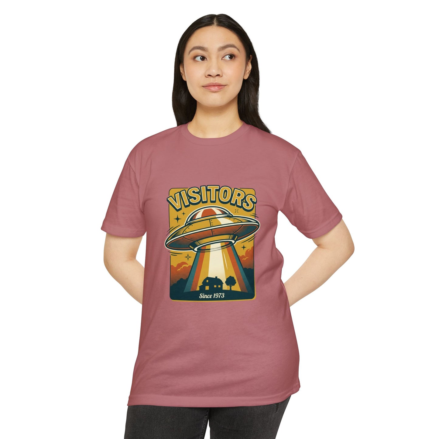 Visitors UFO Graphic T-Shirt — Retro Alien Abduction Design