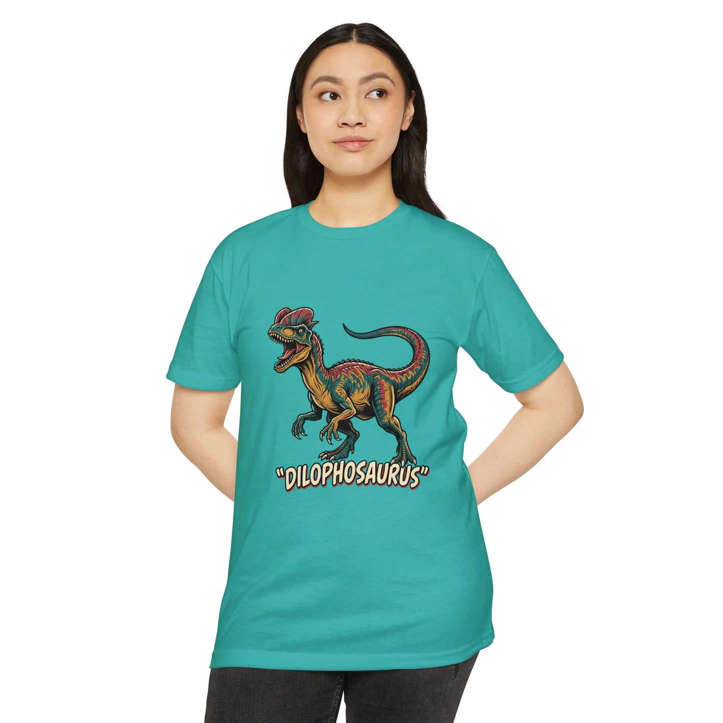 Dilophosaurus Dino T-Shirt — Retro Colorful Dinosaur Graphic Tee