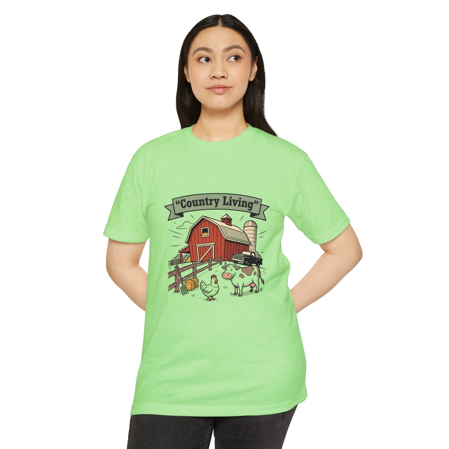 Country Living Farm T-Shirt — Rustic Barn, Cow & Chicken Graphic Tee