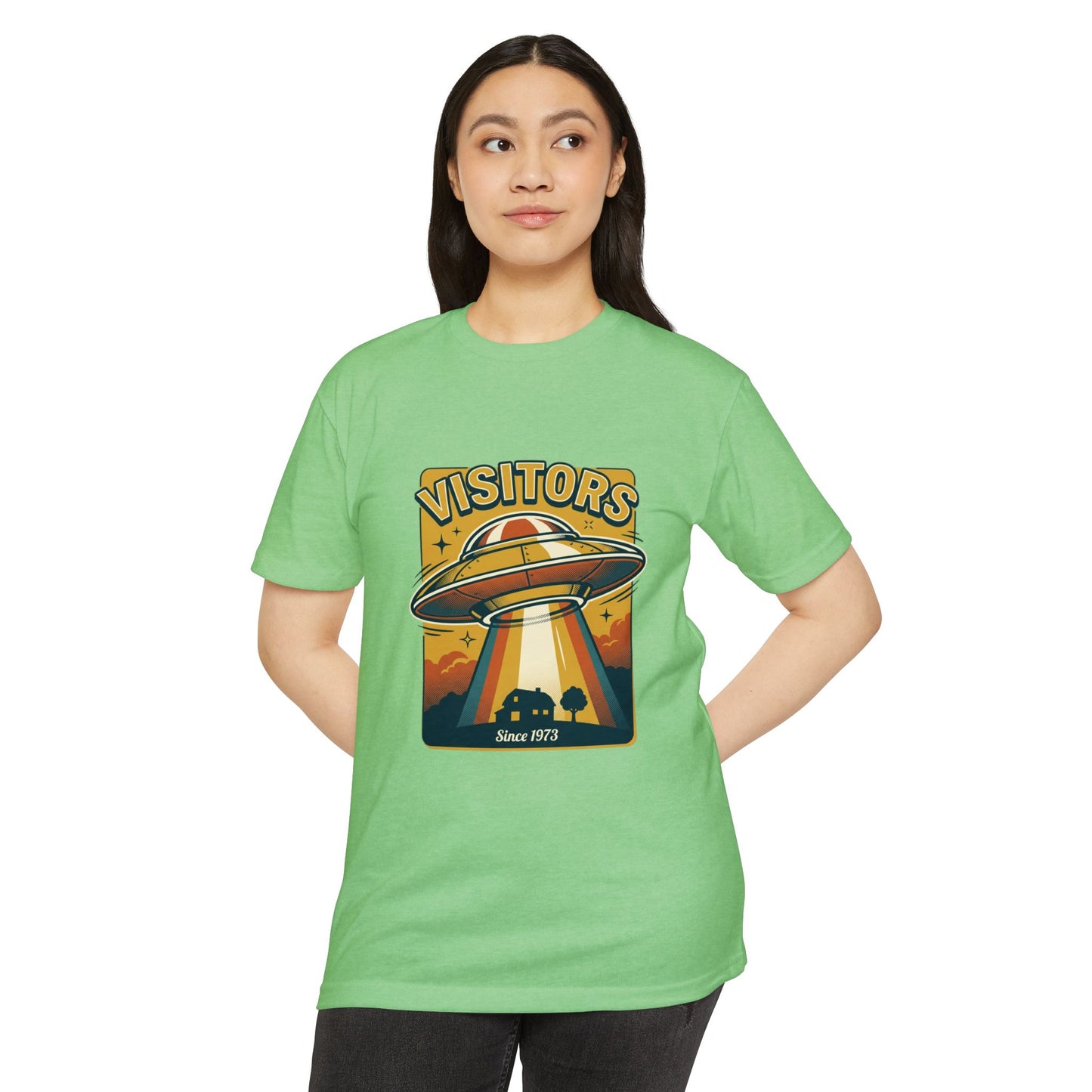 Visitors UFO Graphic T-Shirt — Retro Alien Abduction Design