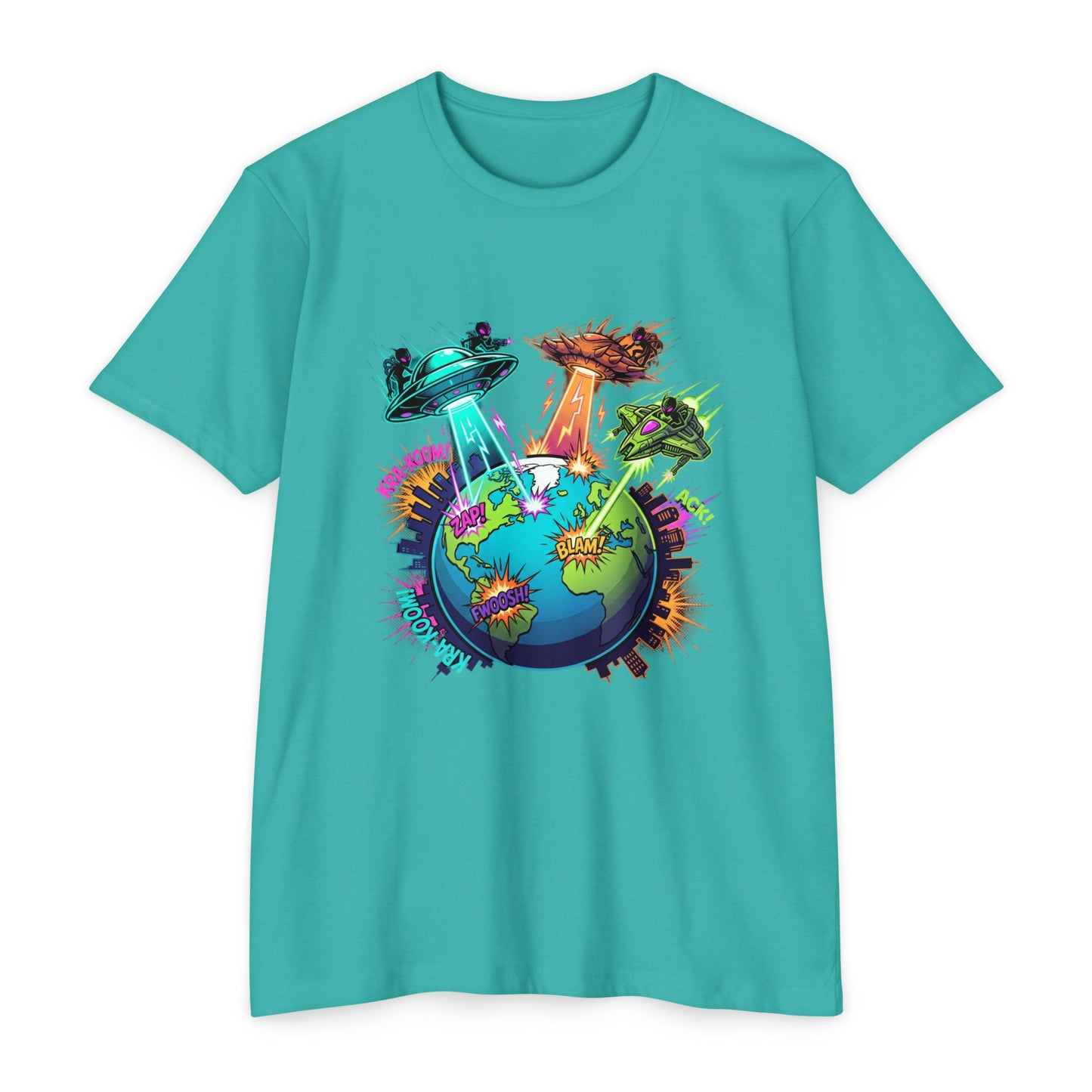 Alien Invasion Earth Graphic T-Shirt — UFOs Abducting Cities Art Tee