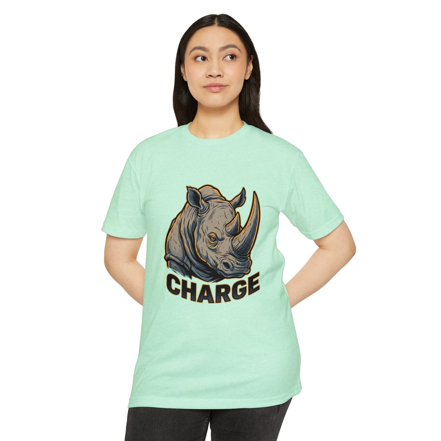 Rhino Charge Graphic T-Shirt — Bold Wildlife Tee with “CHARGE” Design